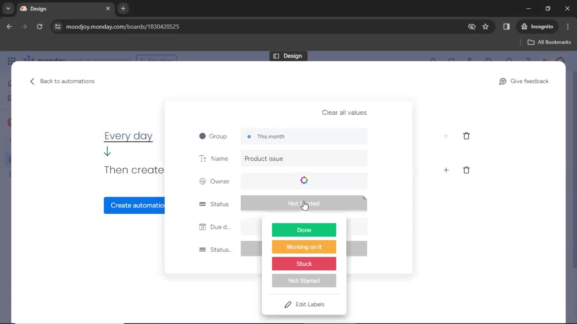 Creating an automation workflow screenshot