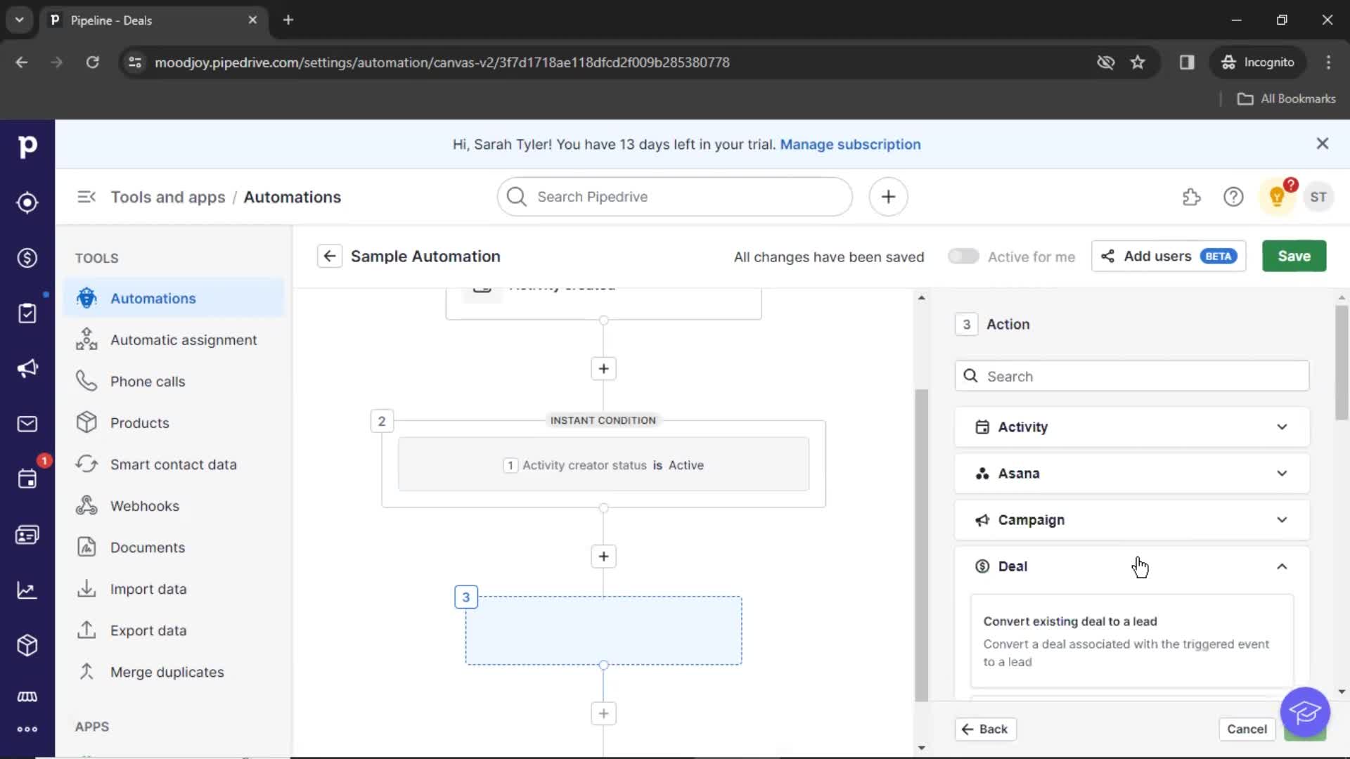 Creating an automation workflow screenshot