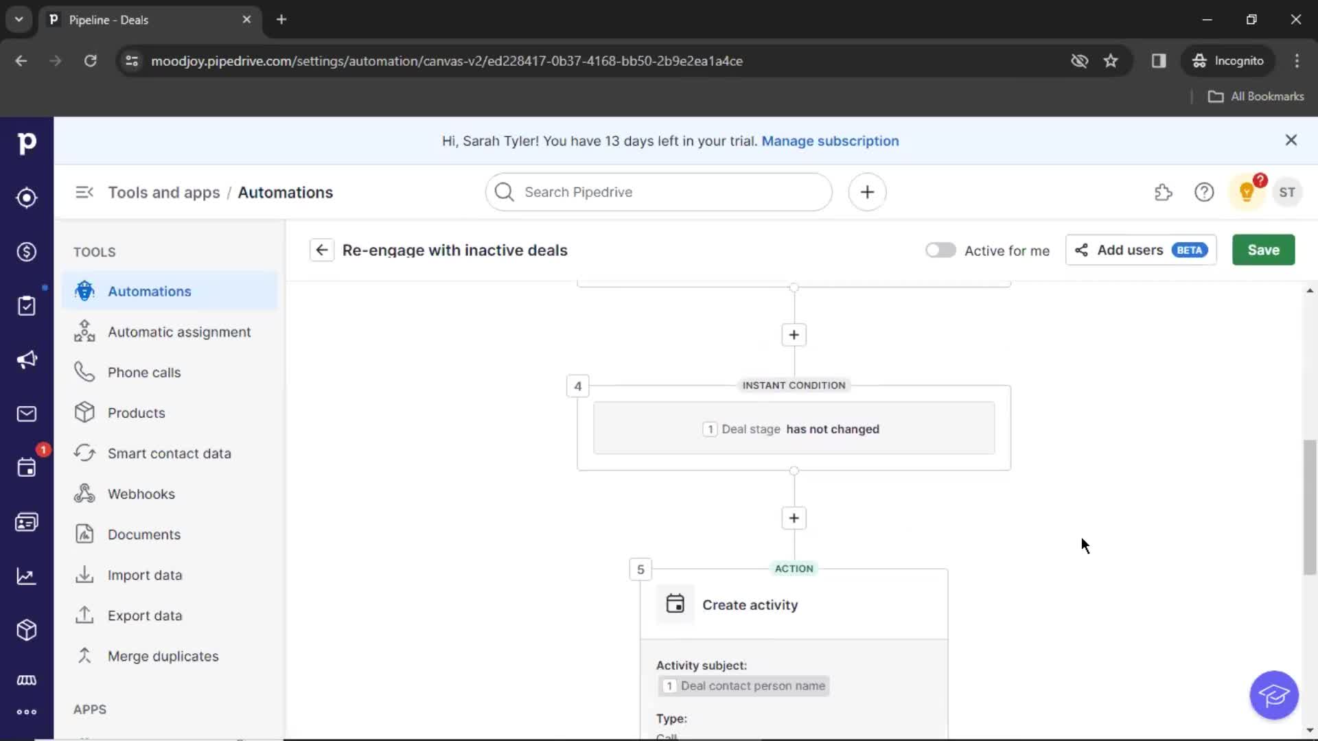 Creating an automation workflow screenshot