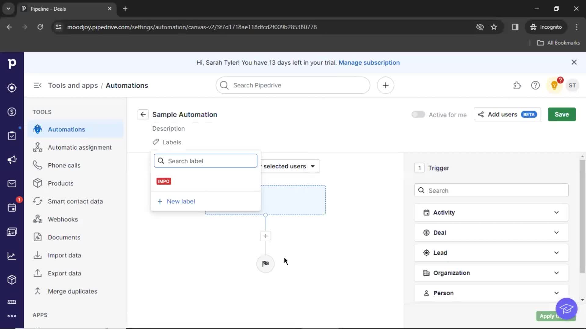 Creating an automation workflow screenshot