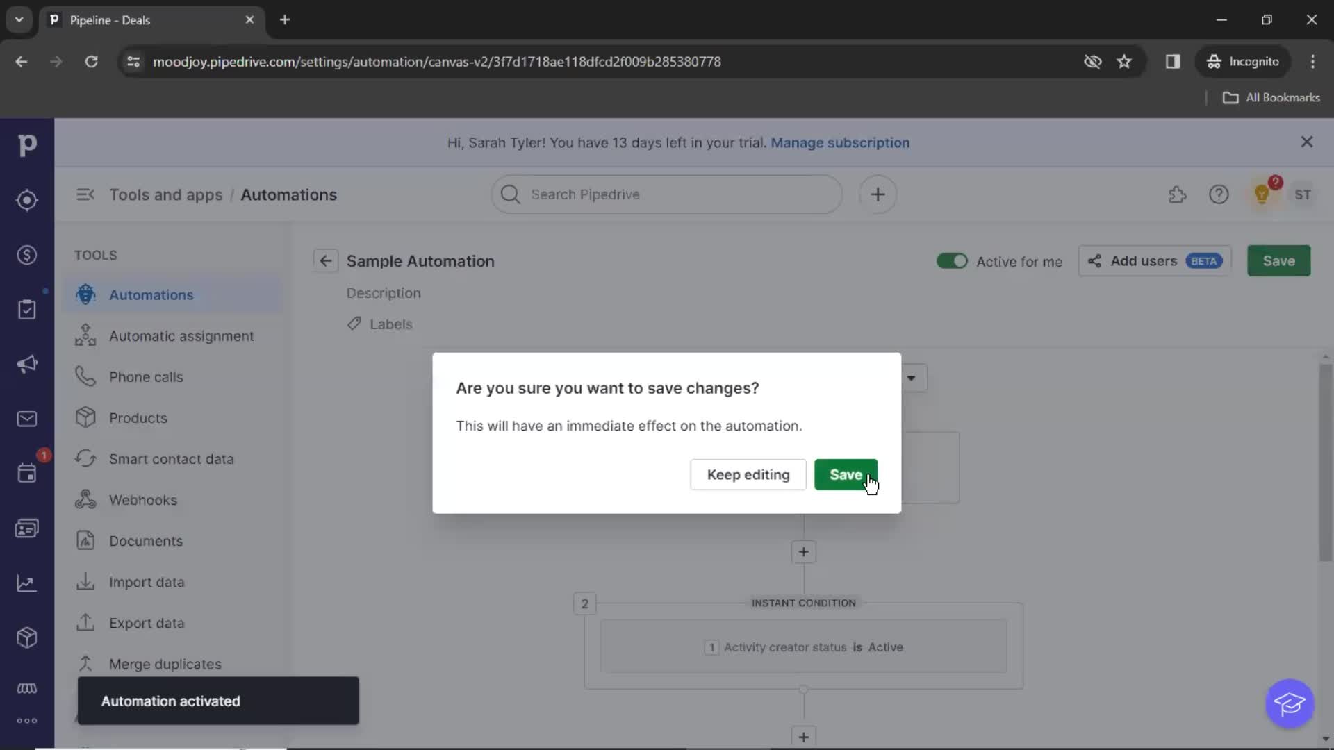 Creating an automation workflow screenshot