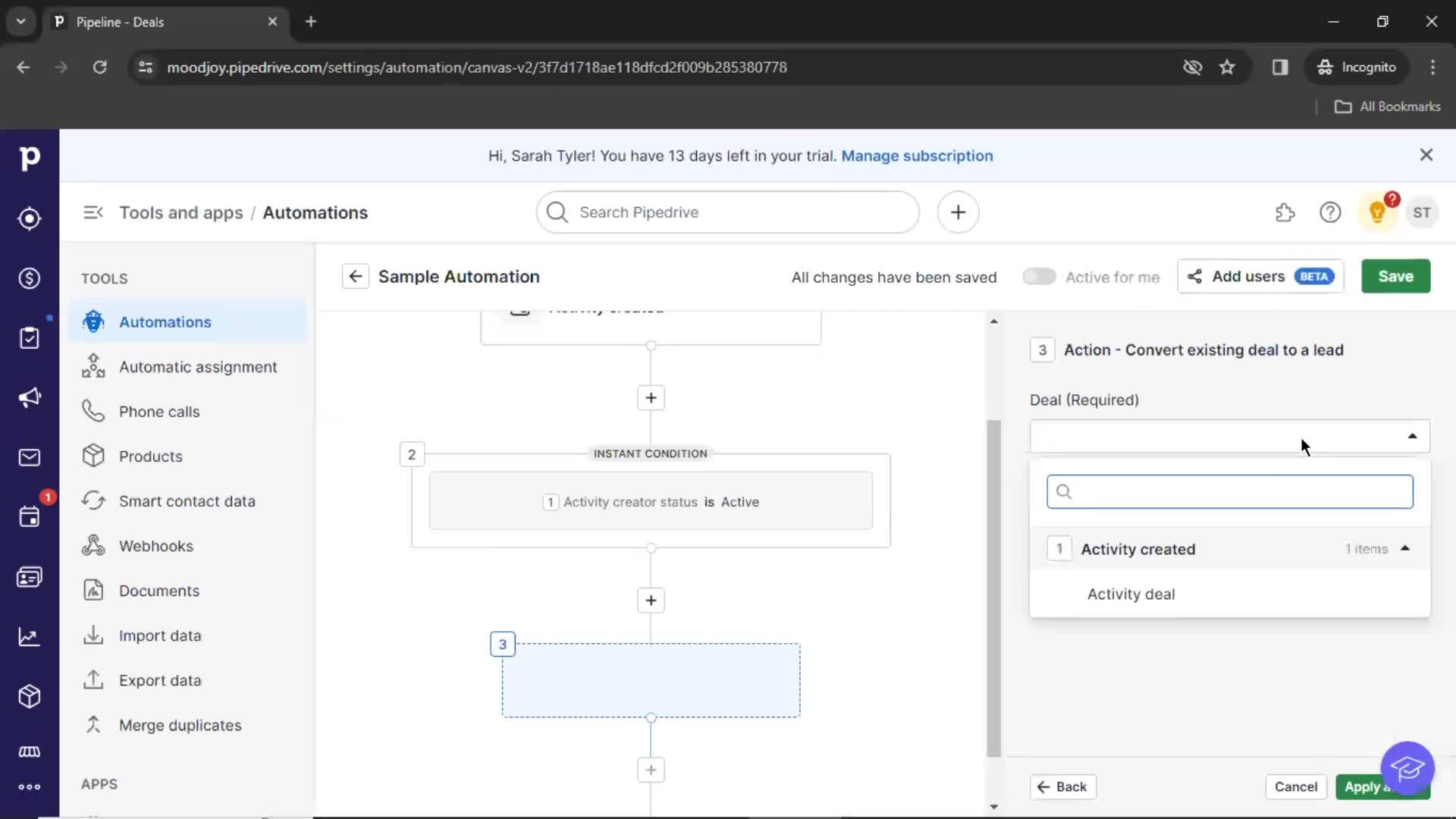 Creating an automation workflow screenshot