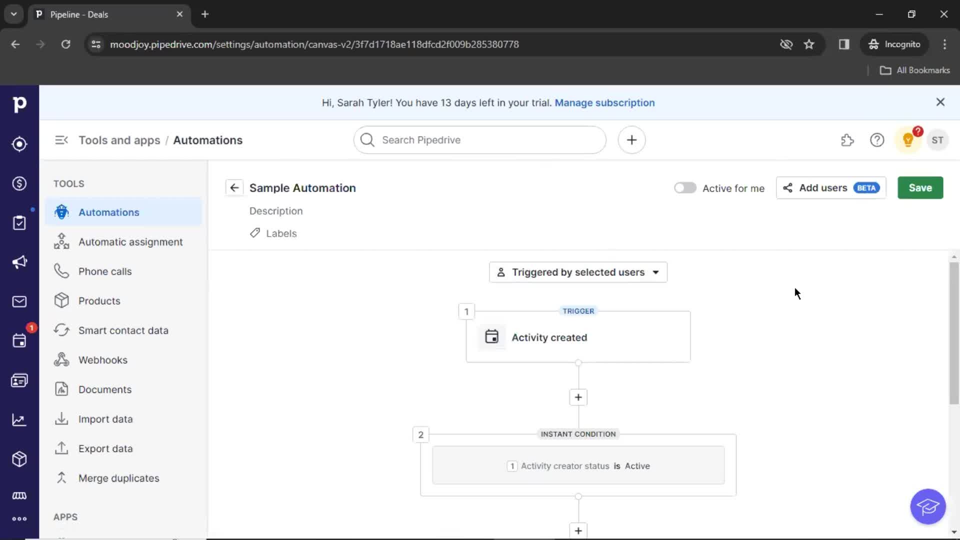 Creating an automation workflow screenshot