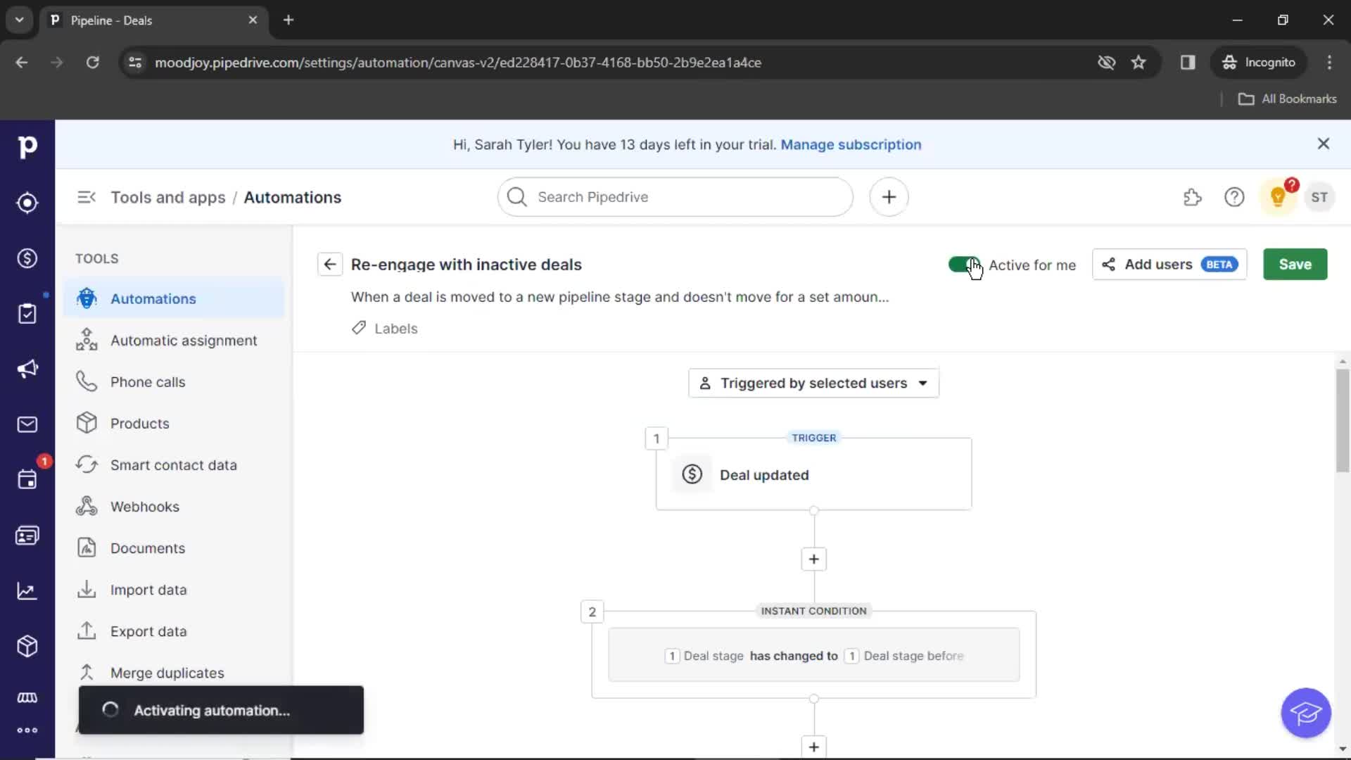 Creating an automation workflow screenshot