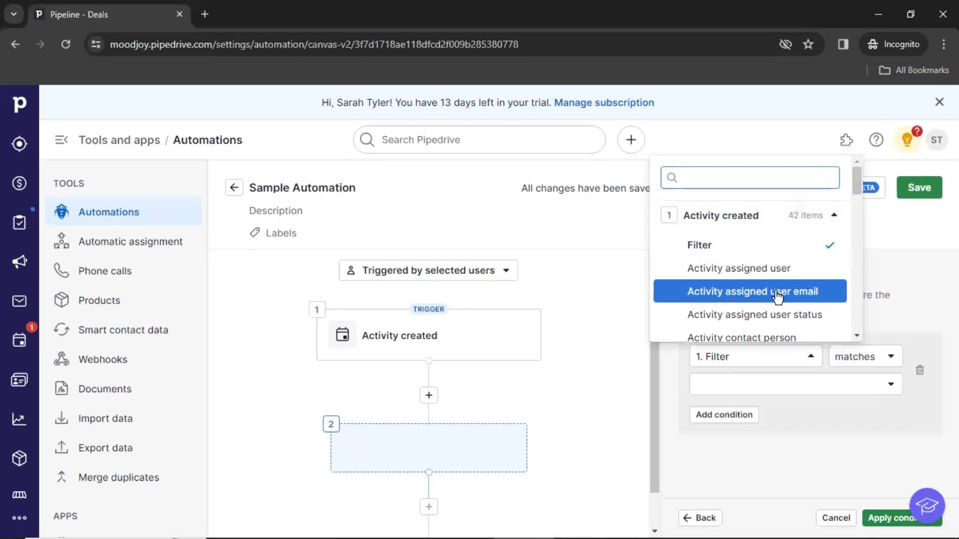 Creating an automation workflow screenshot