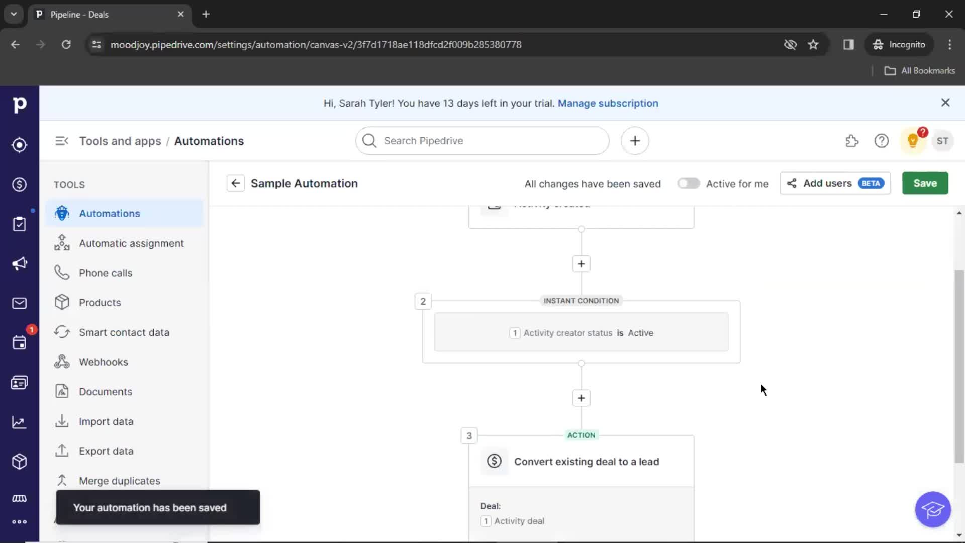 Creating an automation workflow screenshot