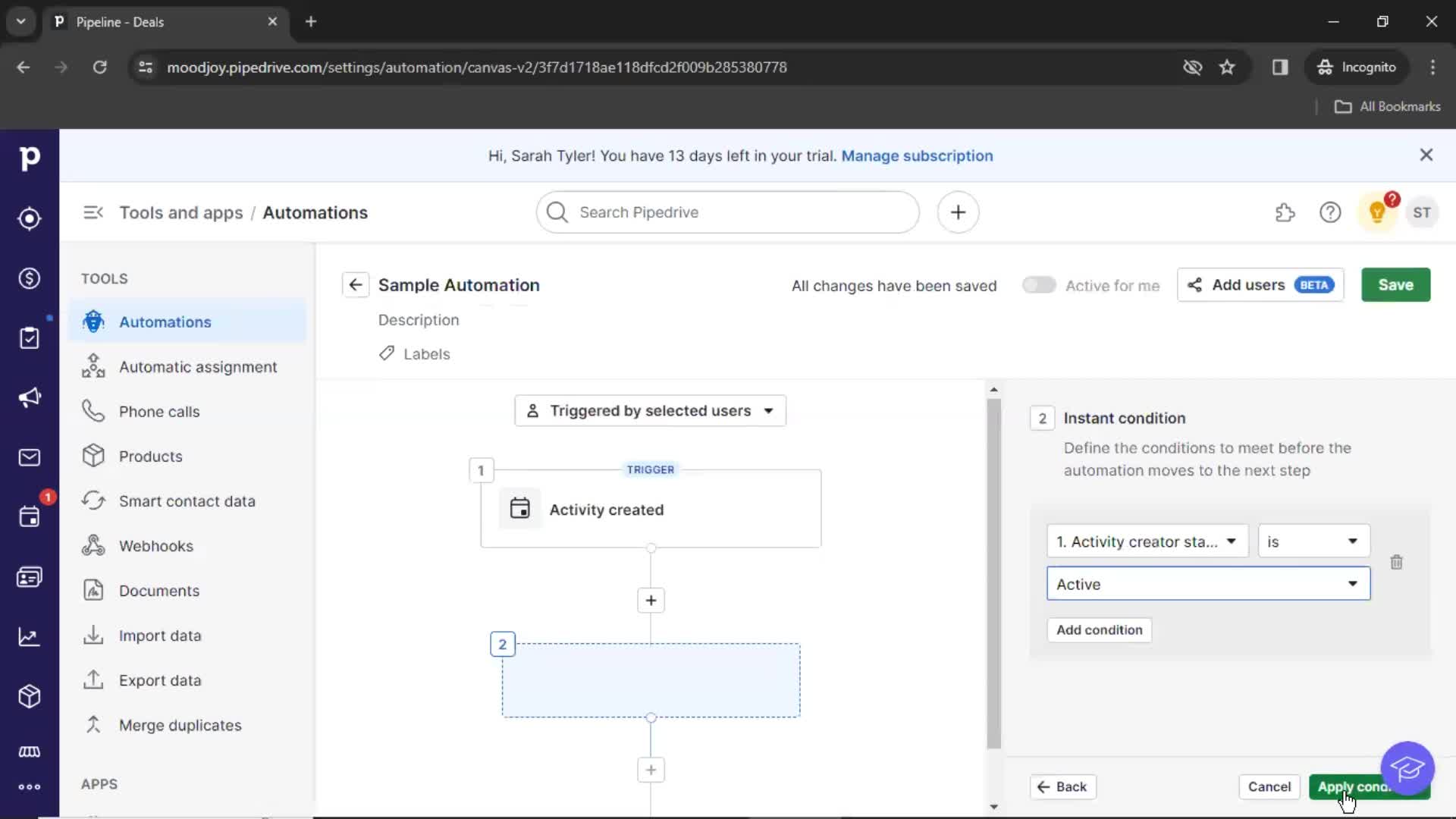 Creating an automation workflow screenshot