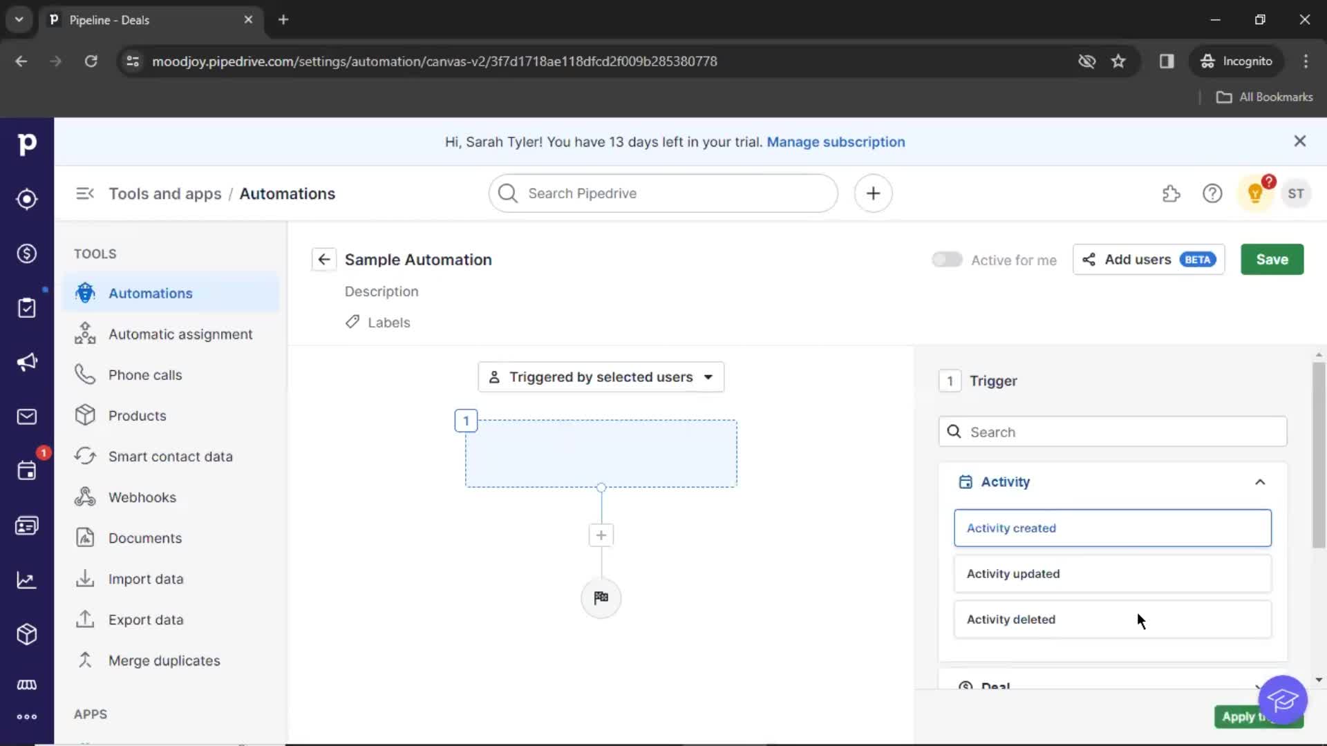 Creating an automation workflow screenshot