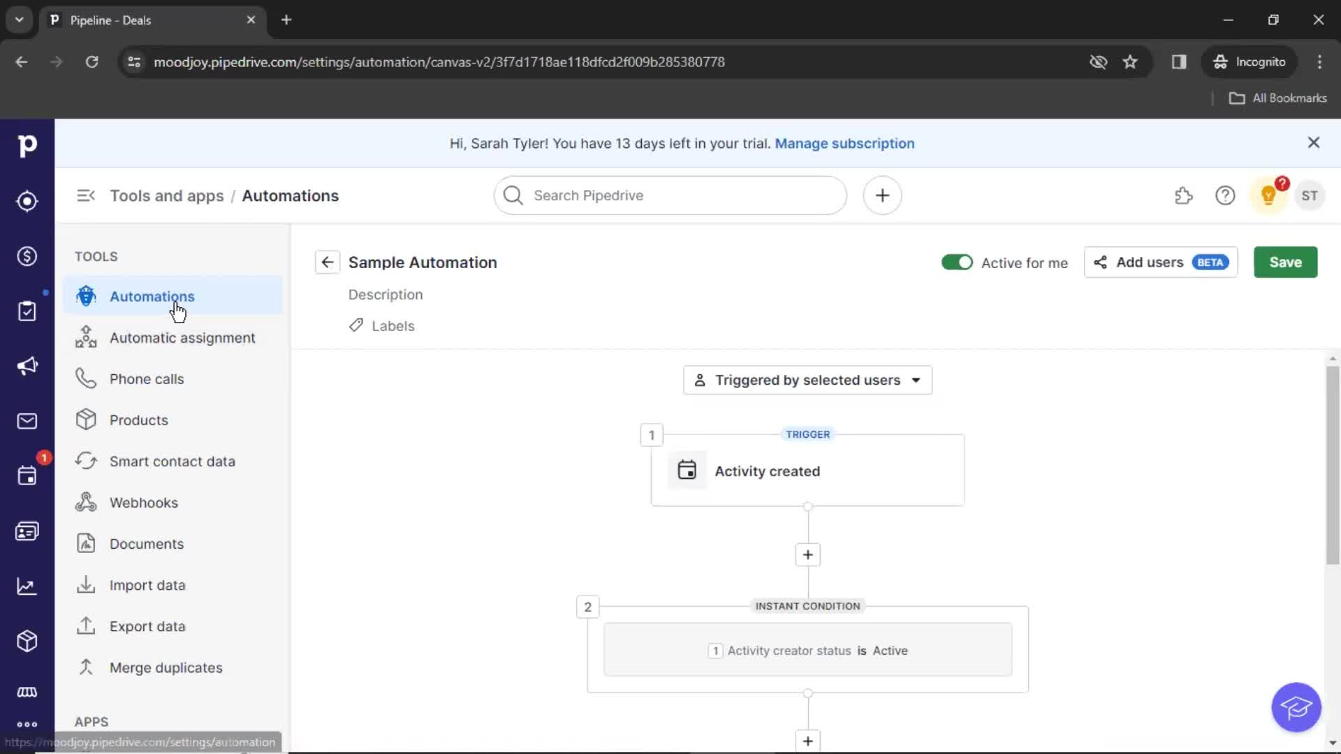 Creating an automation workflow screenshot