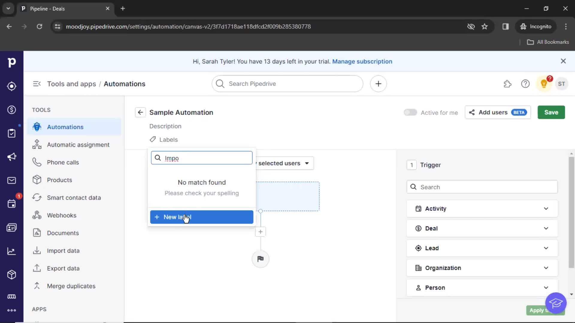 Creating an automation workflow on Pipedrive video thumbnail