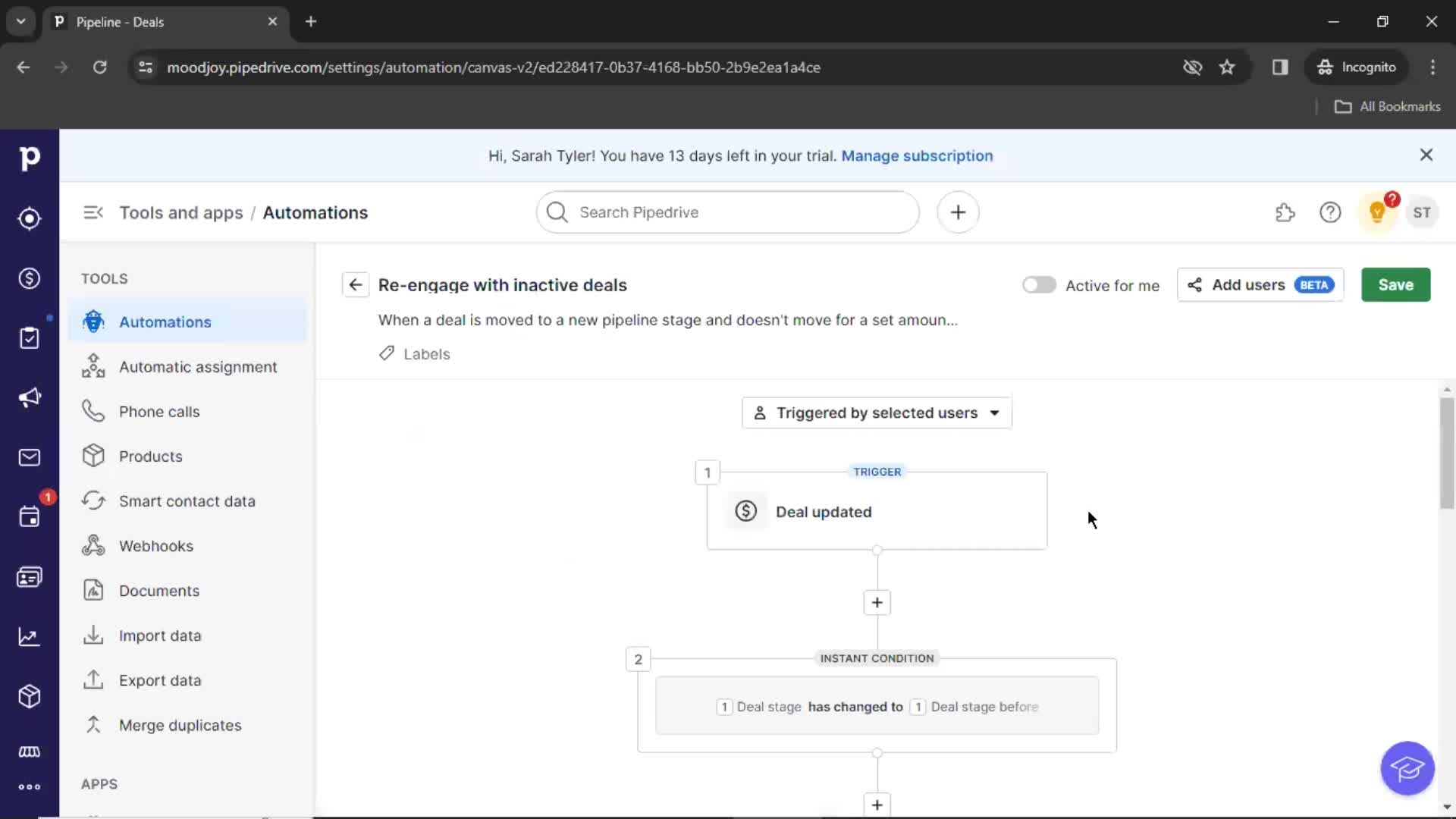 Creating an automation workflow screenshot