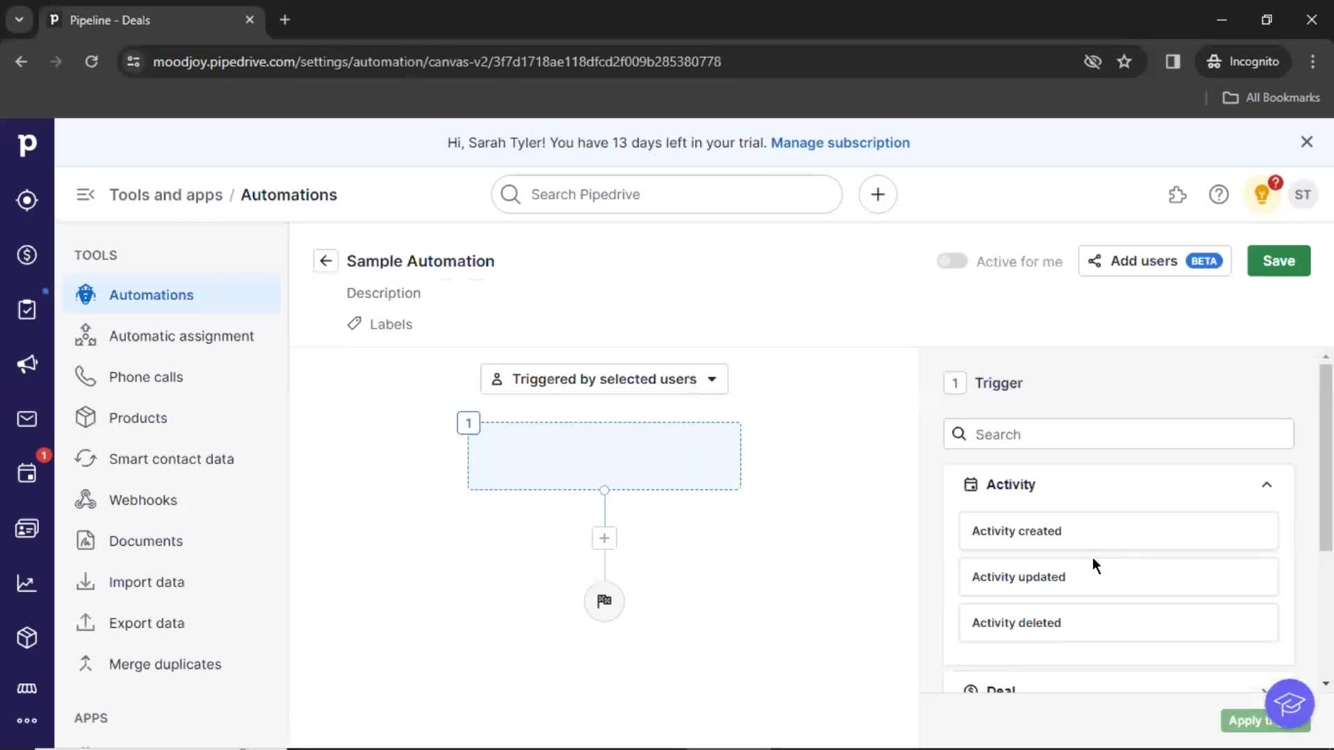 Creating an automation workflow screenshot