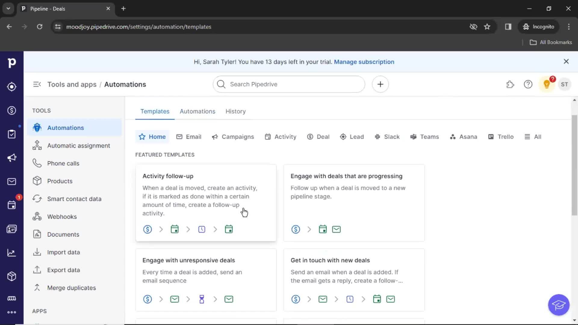 Creating an automation workflow screenshot