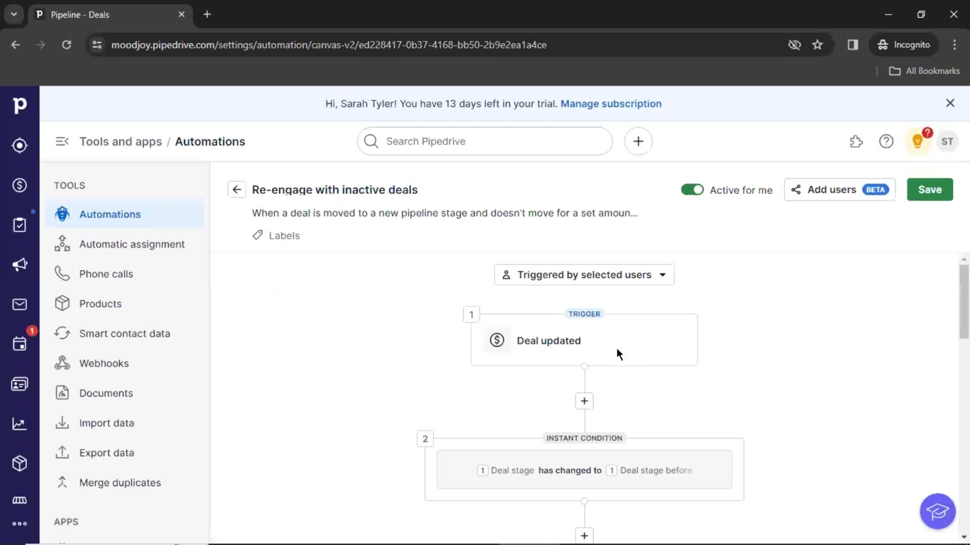 Creating an automation workflow screenshot