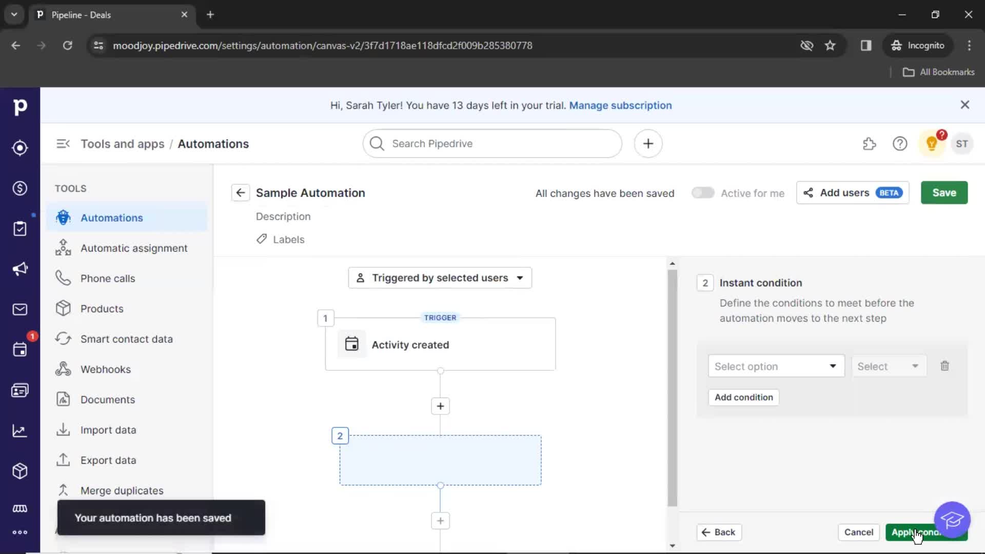 Creating an automation workflow screenshot