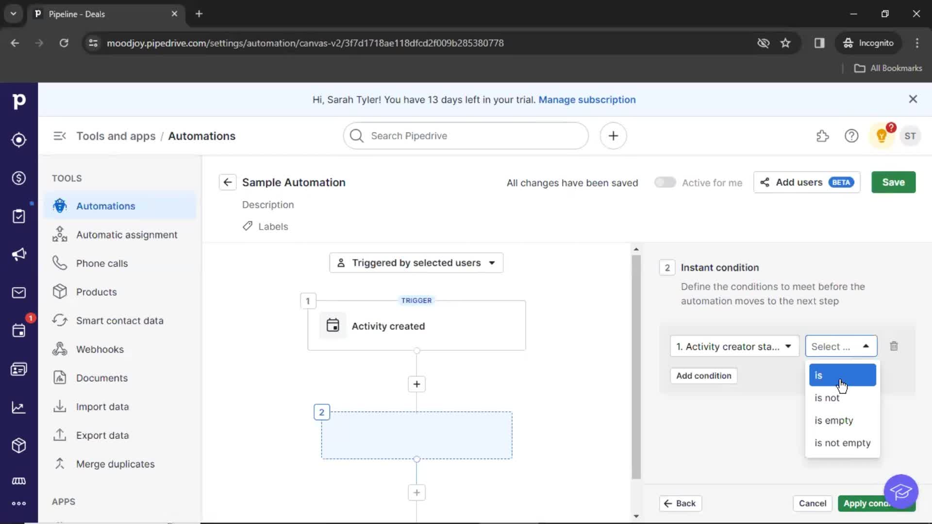 Creating an automation workflow screenshot