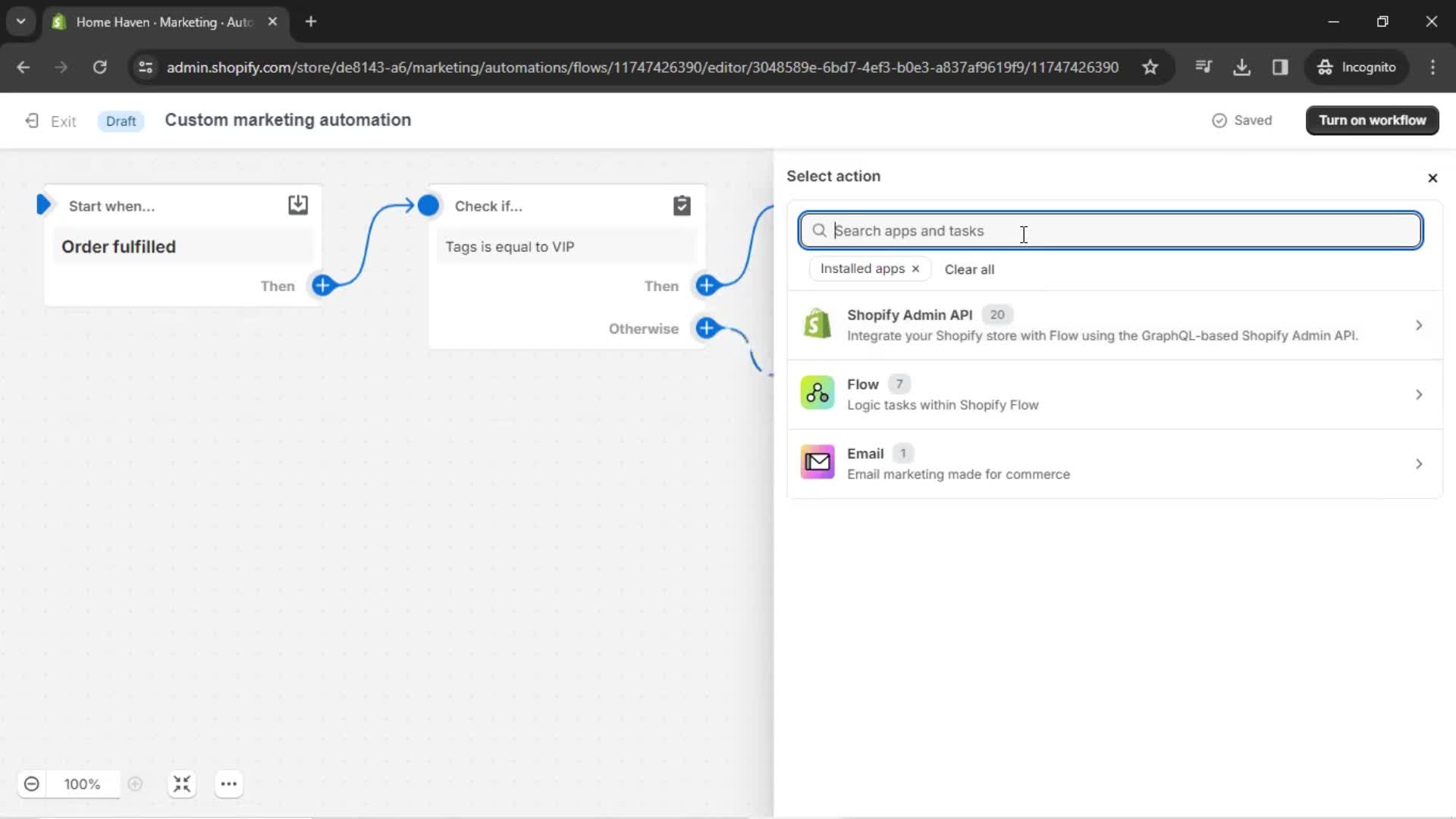 Creating an automation workflow screenshot