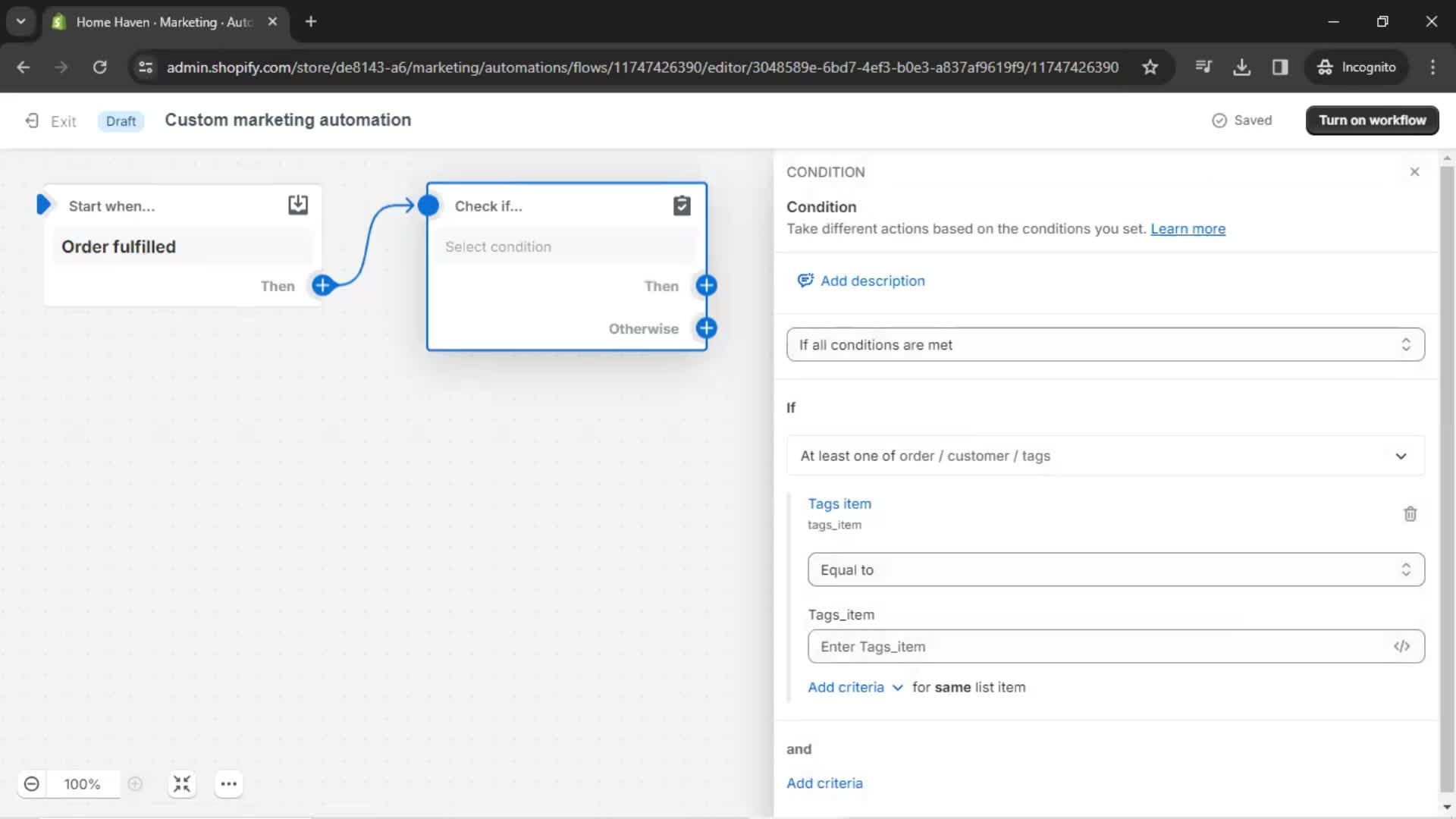 Creating an automation workflow screenshot