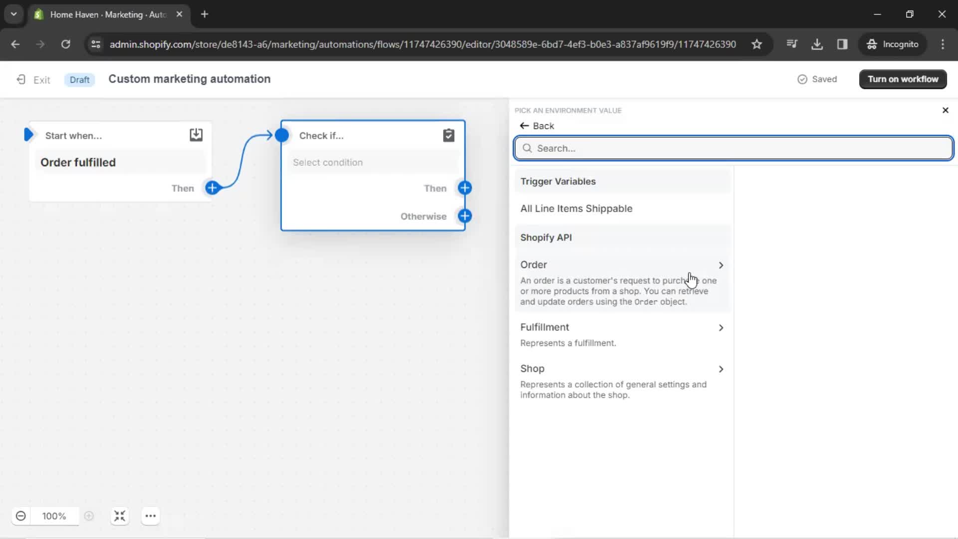 Creating an automation workflow screenshot