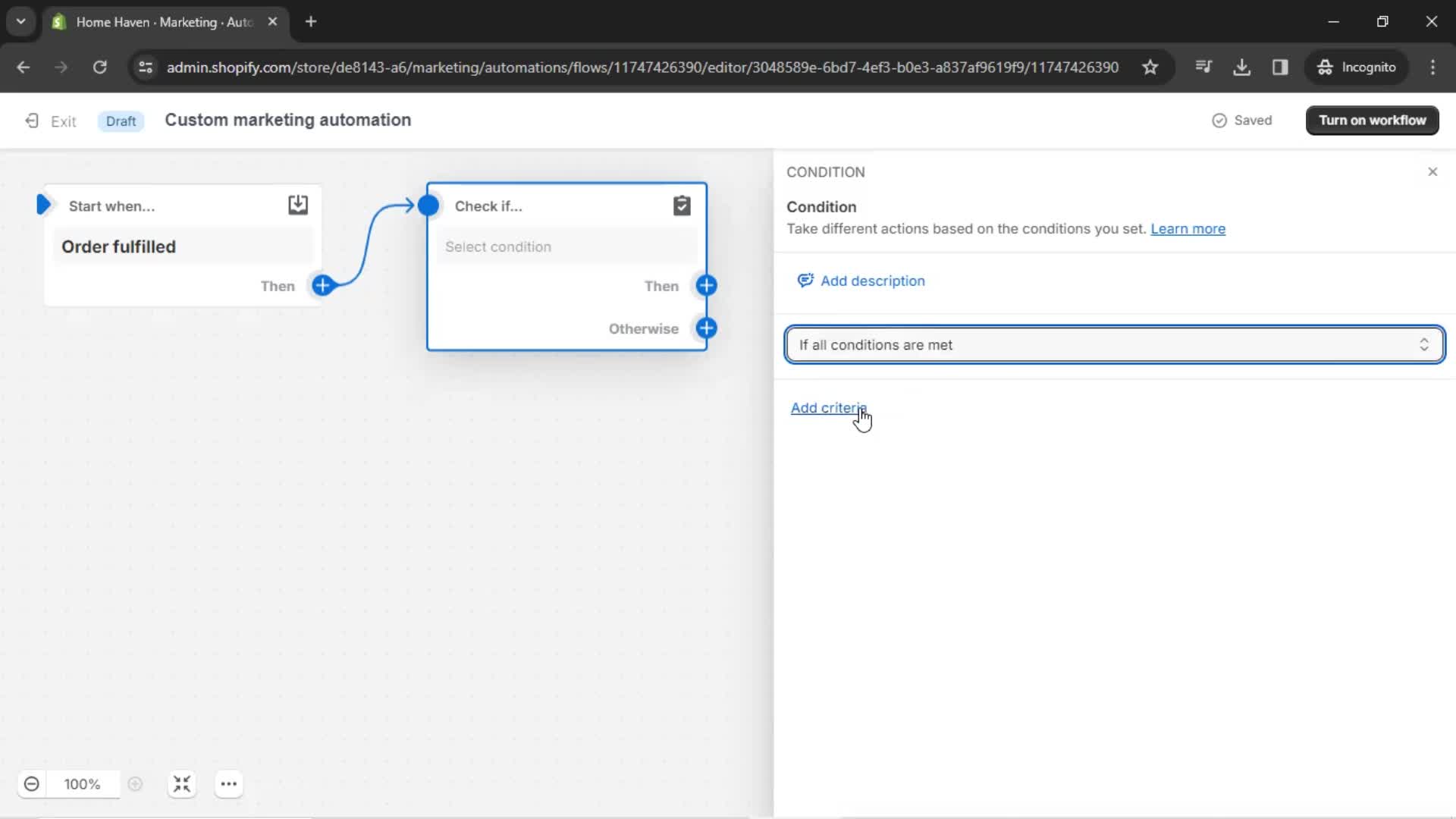 Creating an automation workflow screenshot