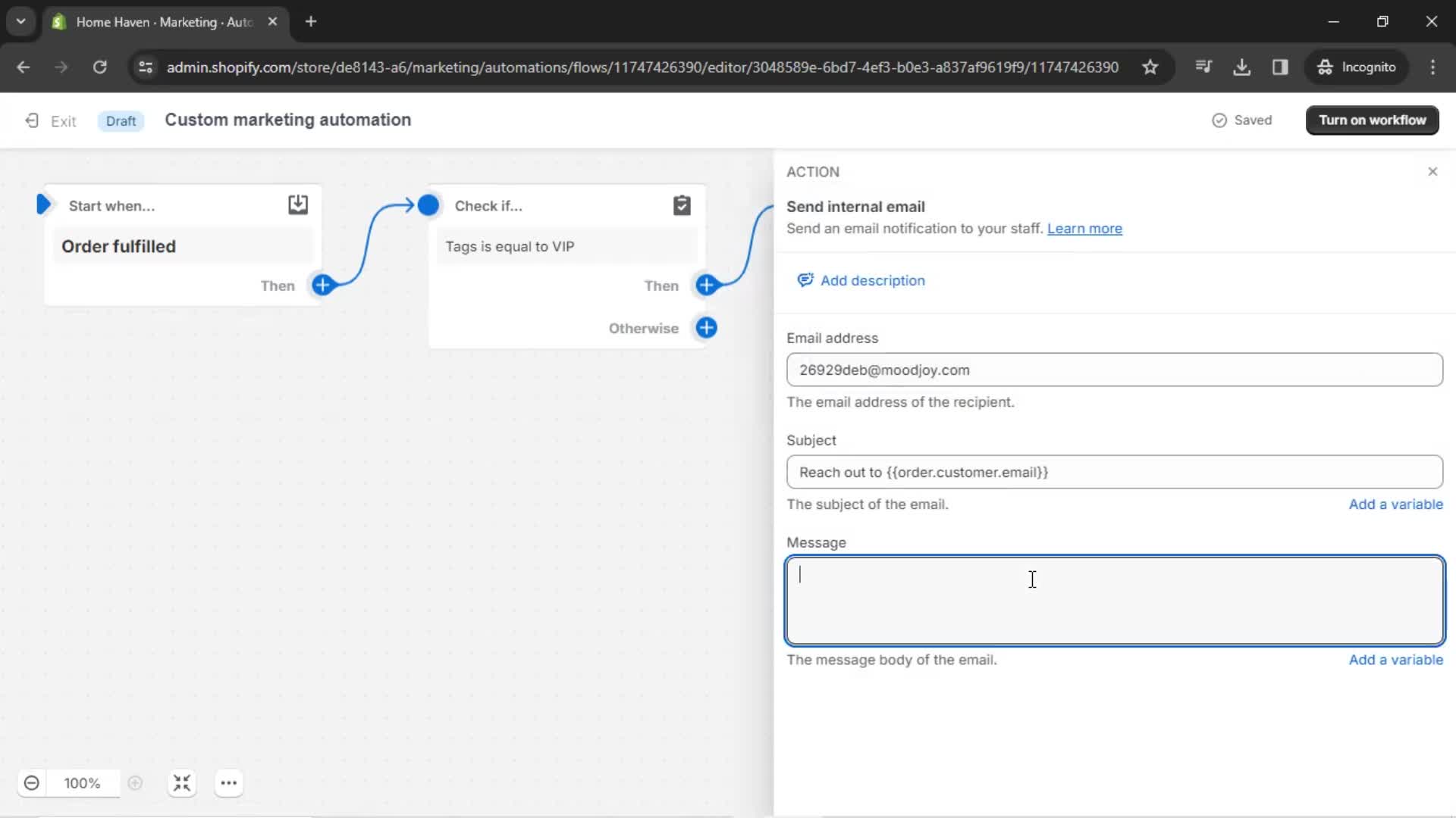 Creating an automation workflow screenshot