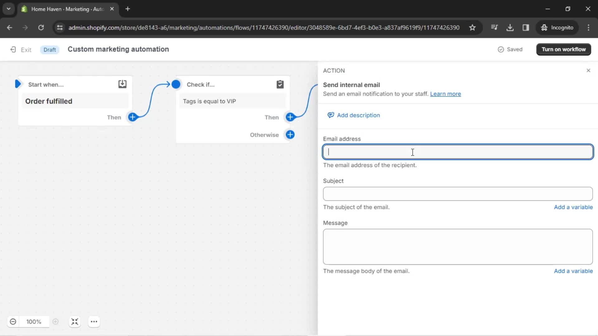 Creating an automation workflow screenshot