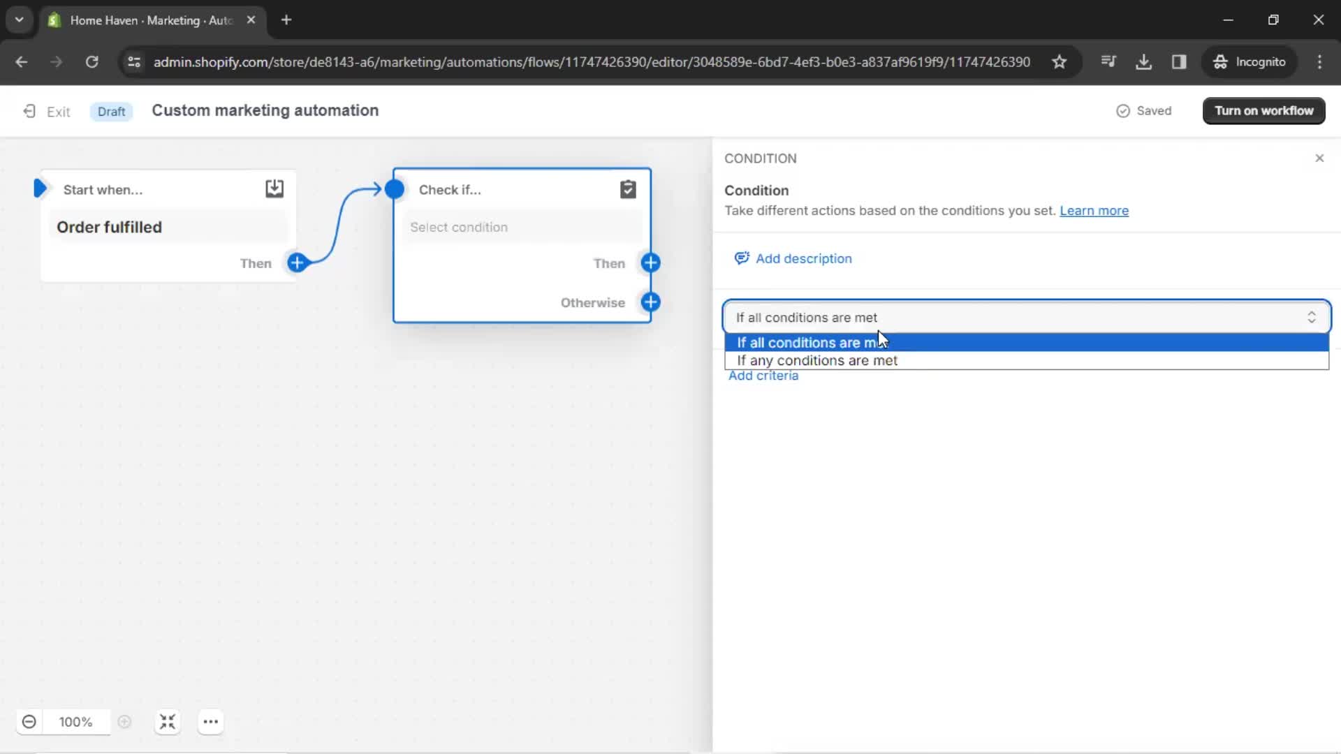 Creating an automation workflow screenshot