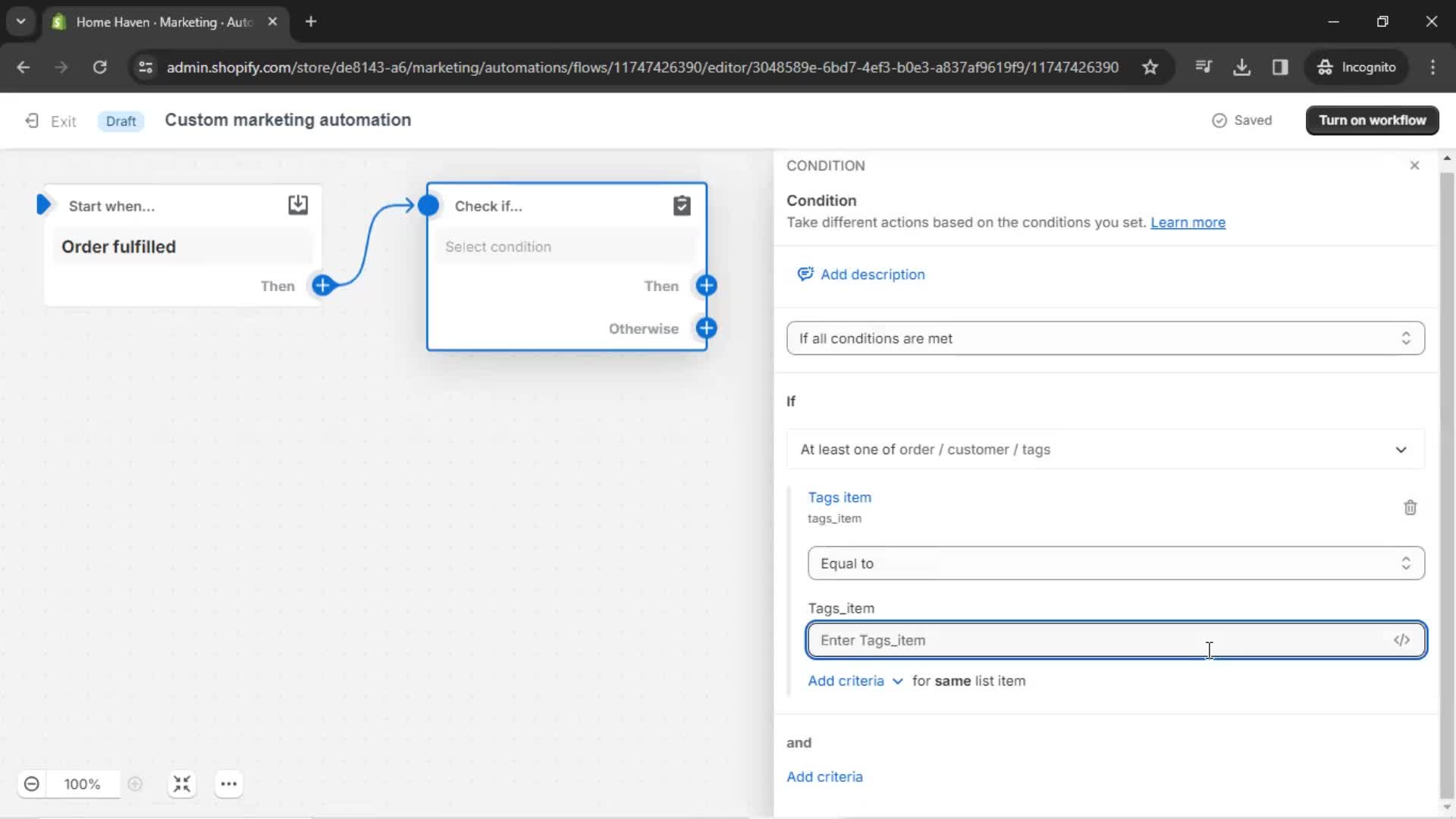 Creating an automation workflow screenshot