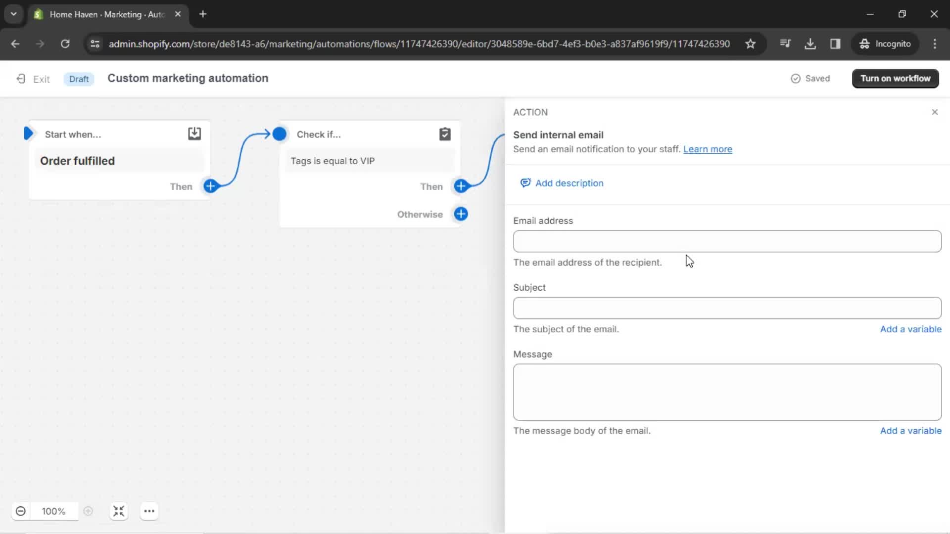 Creating an automation workflow screenshot