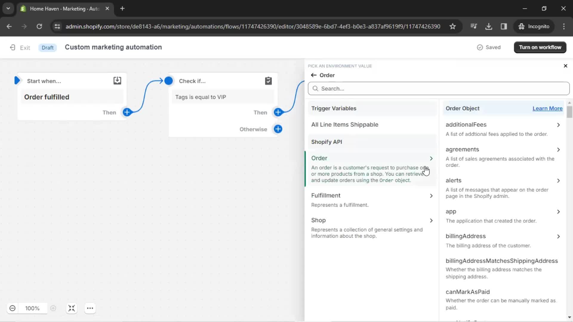 Creating an automation workflow screenshot