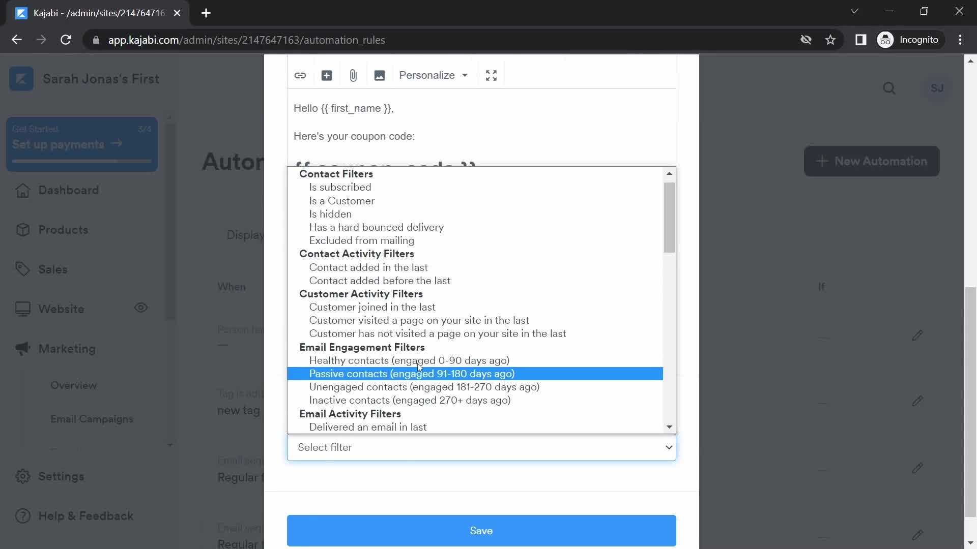 Creating an automation workflow screenshot