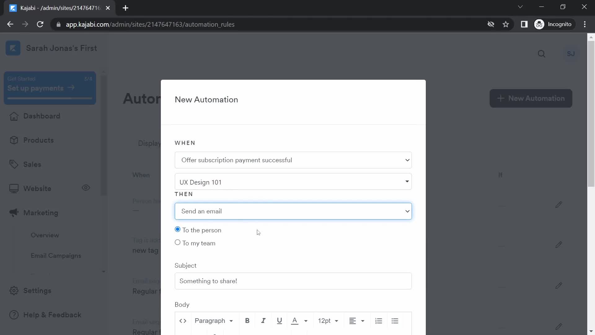 Creating an automation workflow screenshot