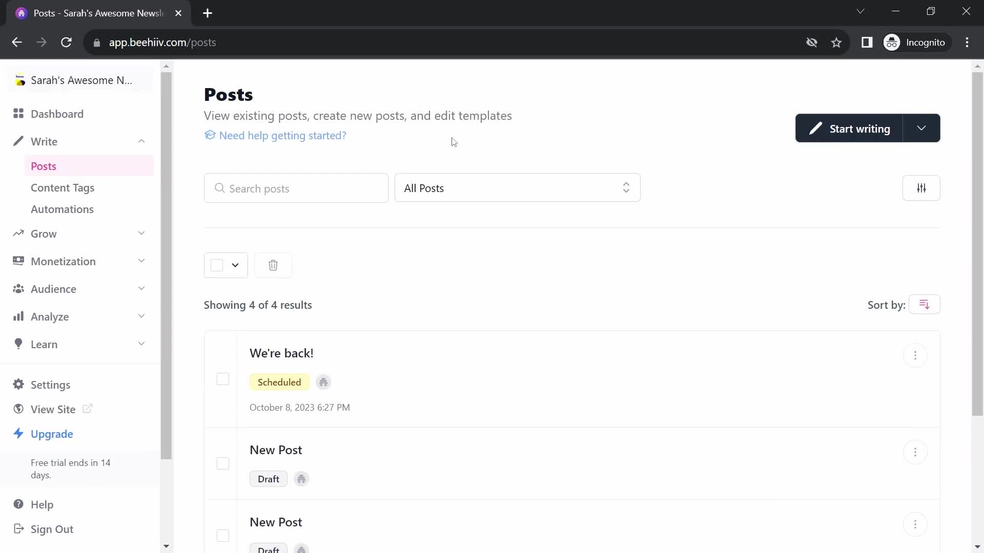 Screenshot of Posts on Creating an email campaign on Beehiiv user flow