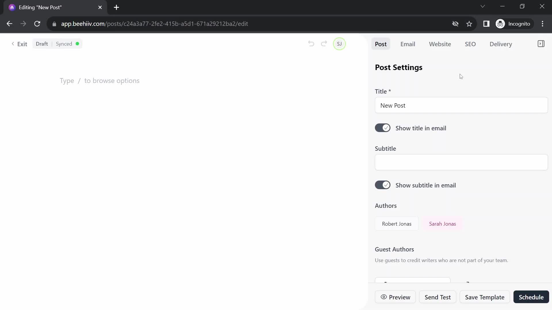 Screenshot of Create post on Creating an email campaign on Beehiiv user flow