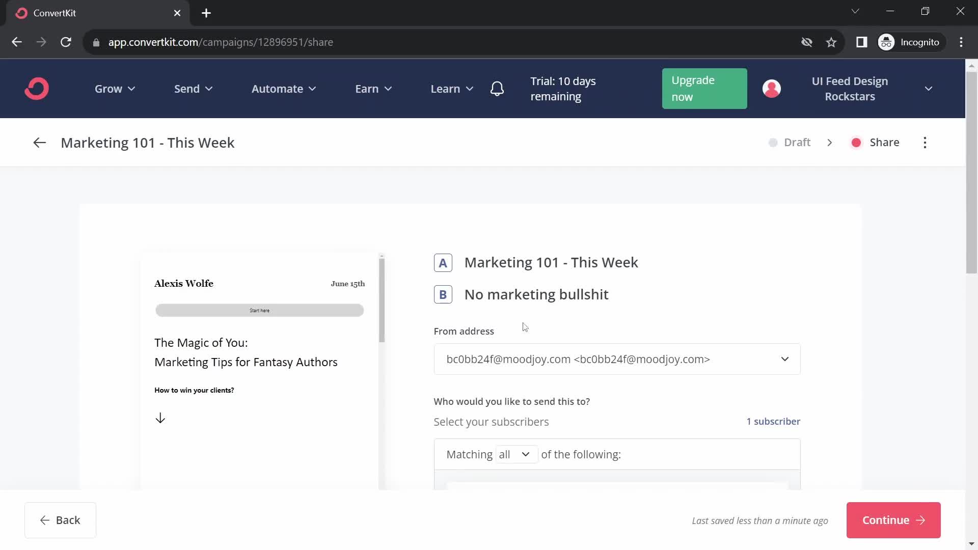 Creating an email campaign screenshot