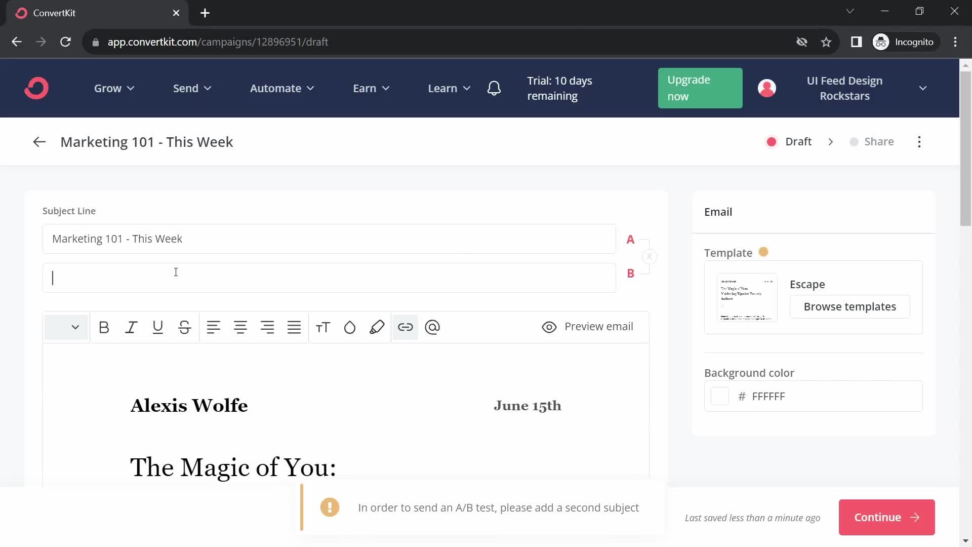 Creating an email campaign screenshot