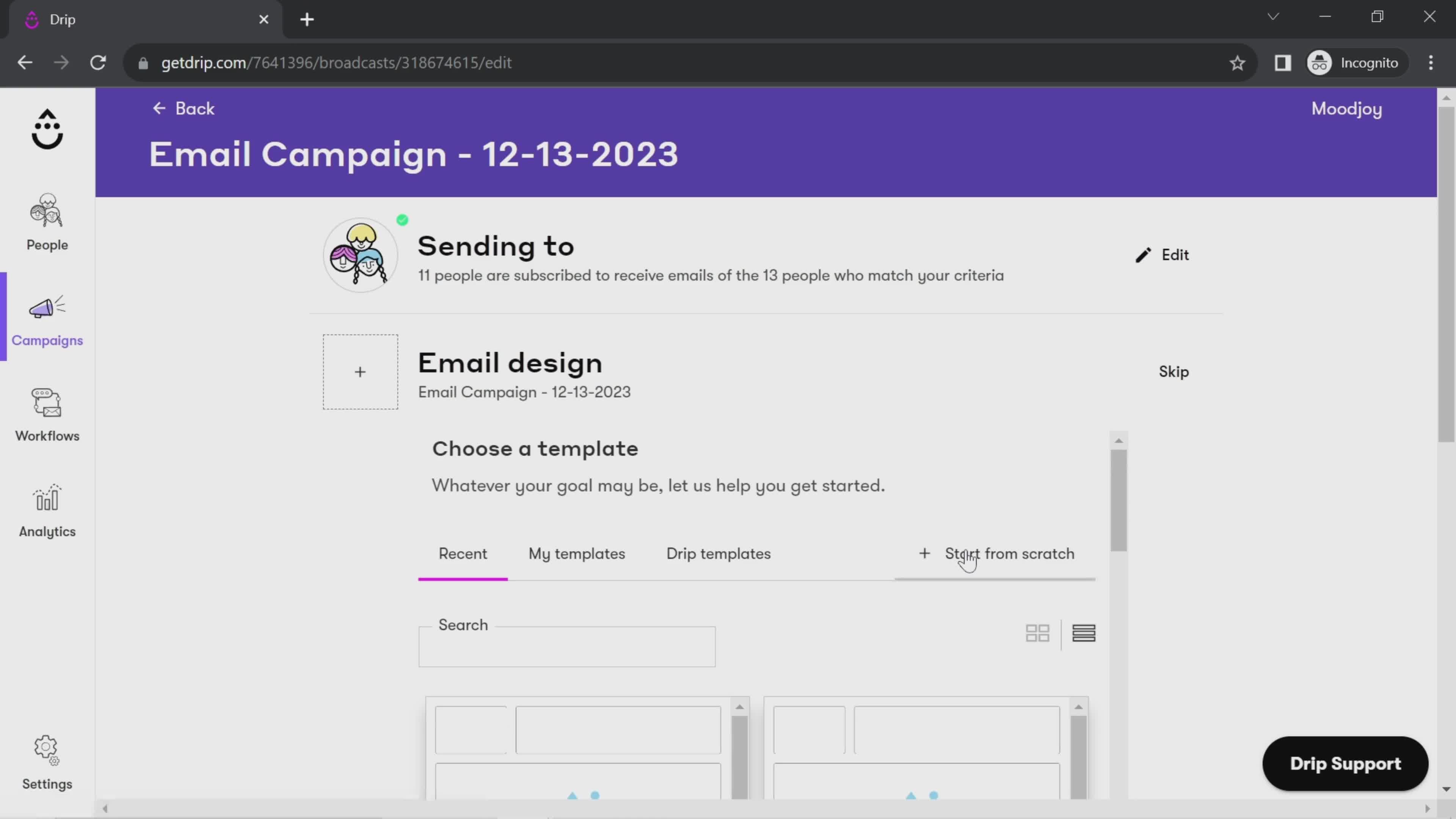 Creating an email campaign screenshot