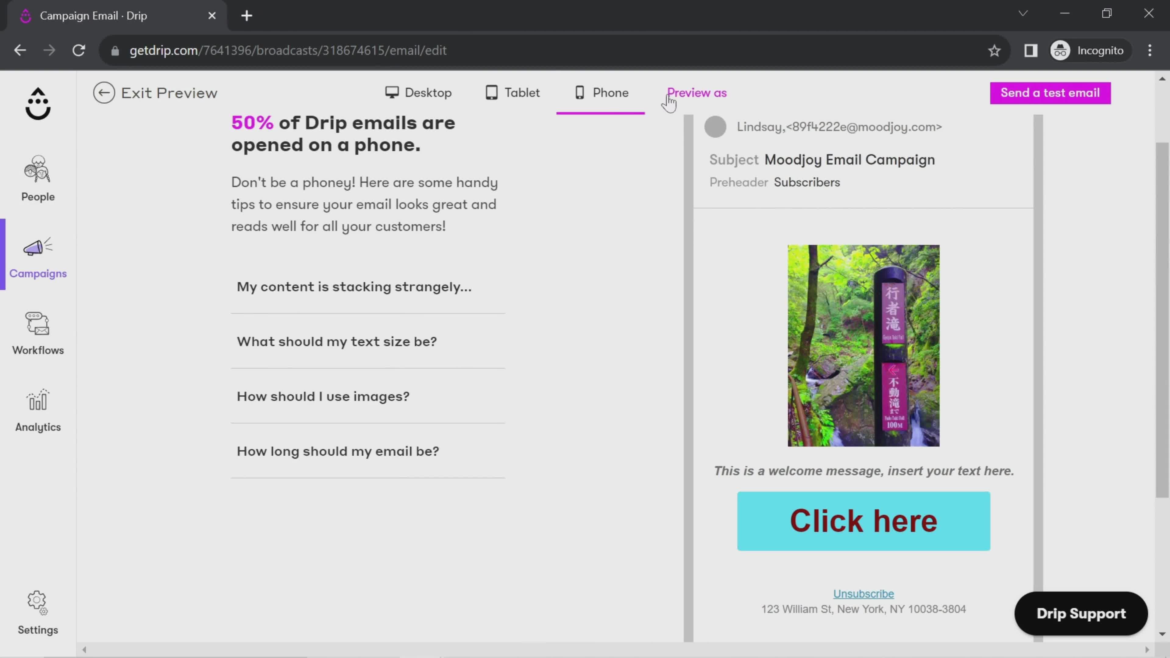 Creating an email campaign screenshot