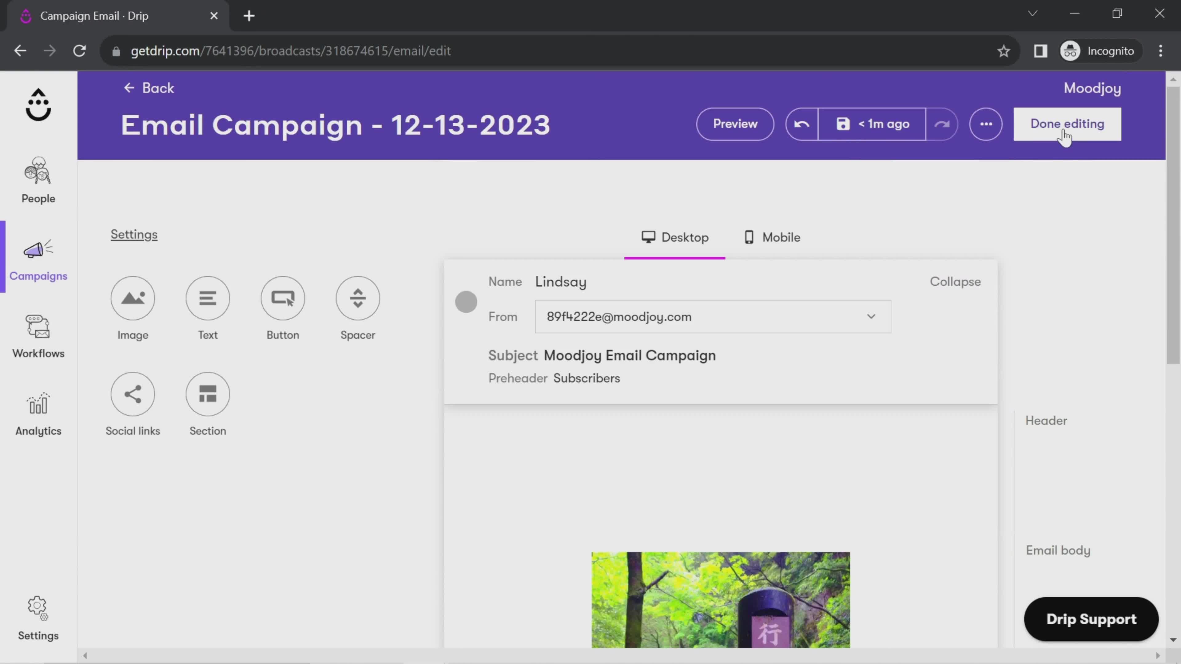 Creating an email campaign screenshot