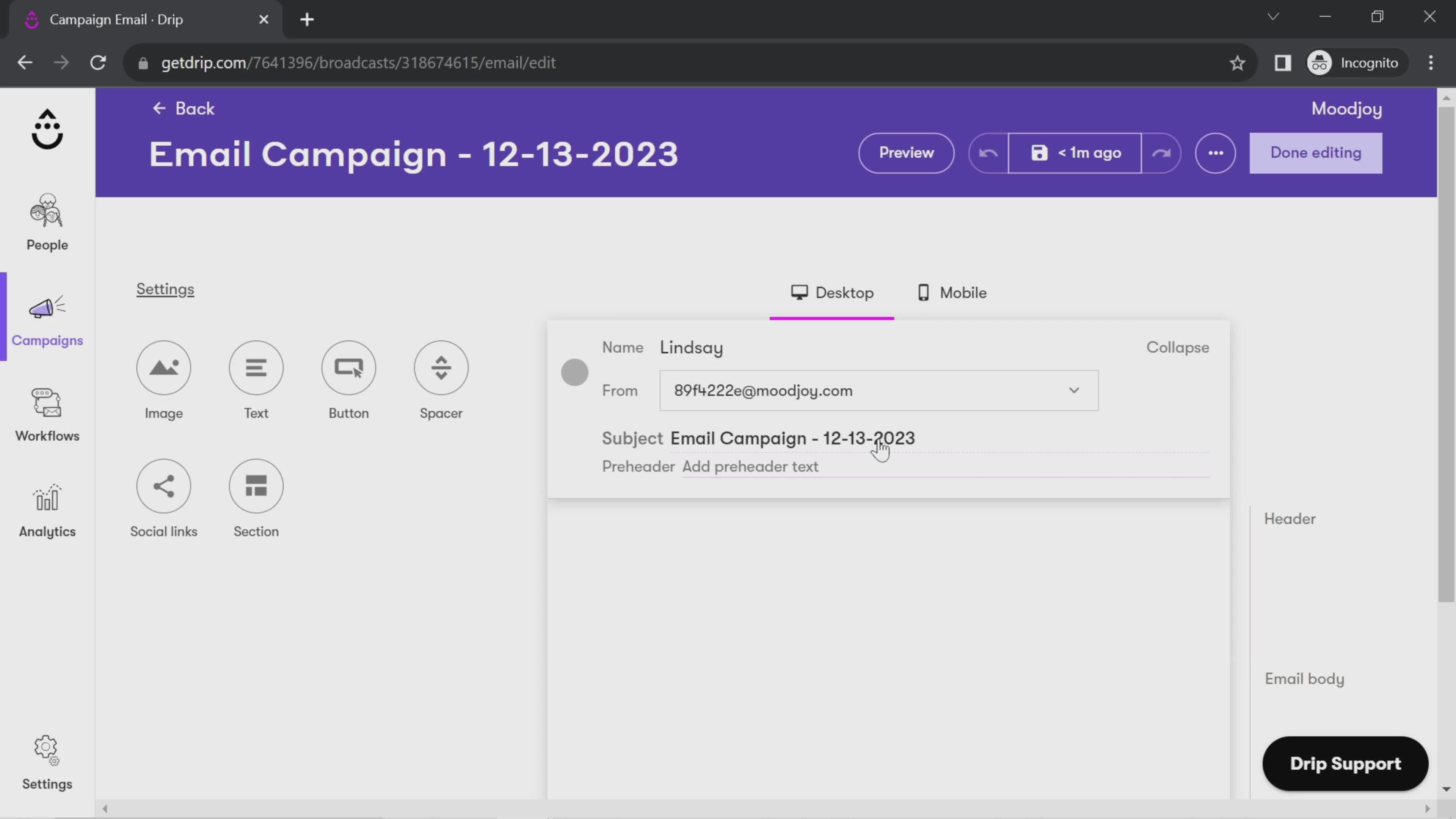 Creating an email campaign screenshot