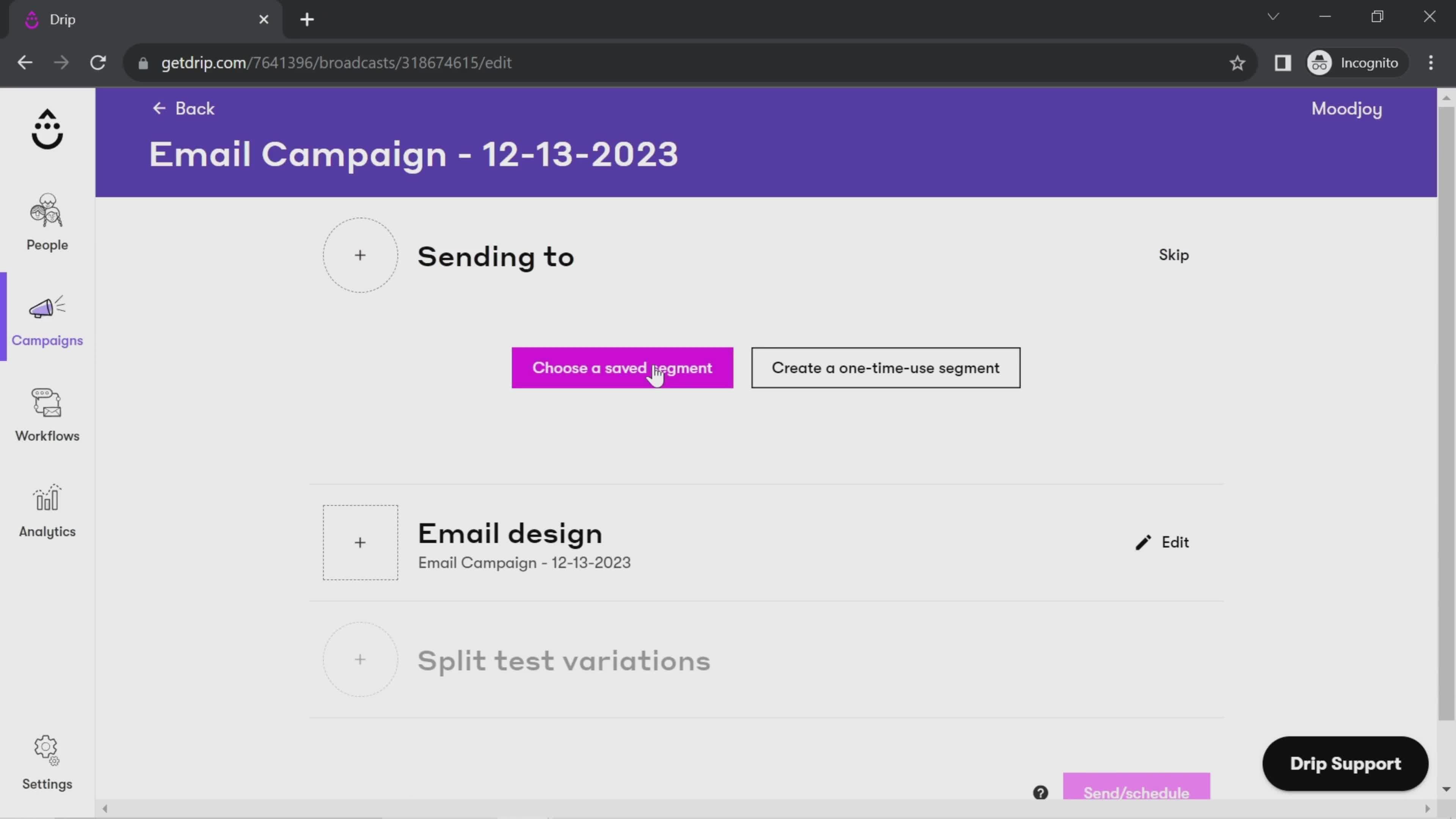 Creating an email campaign screenshot