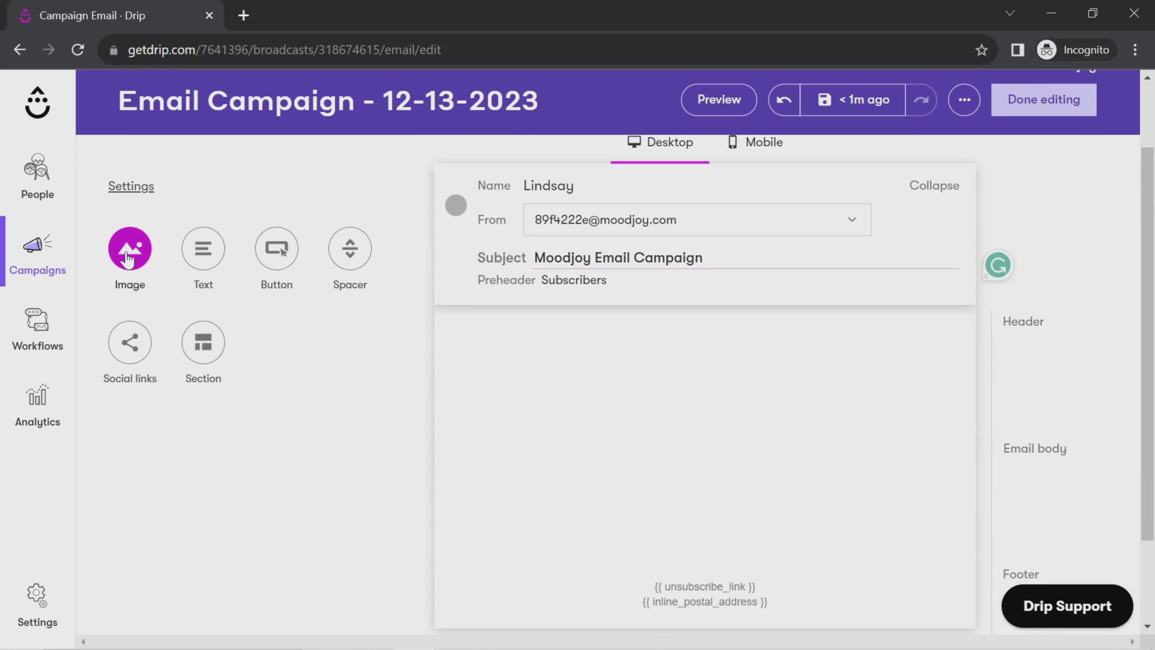 Creating an email campaign screenshot