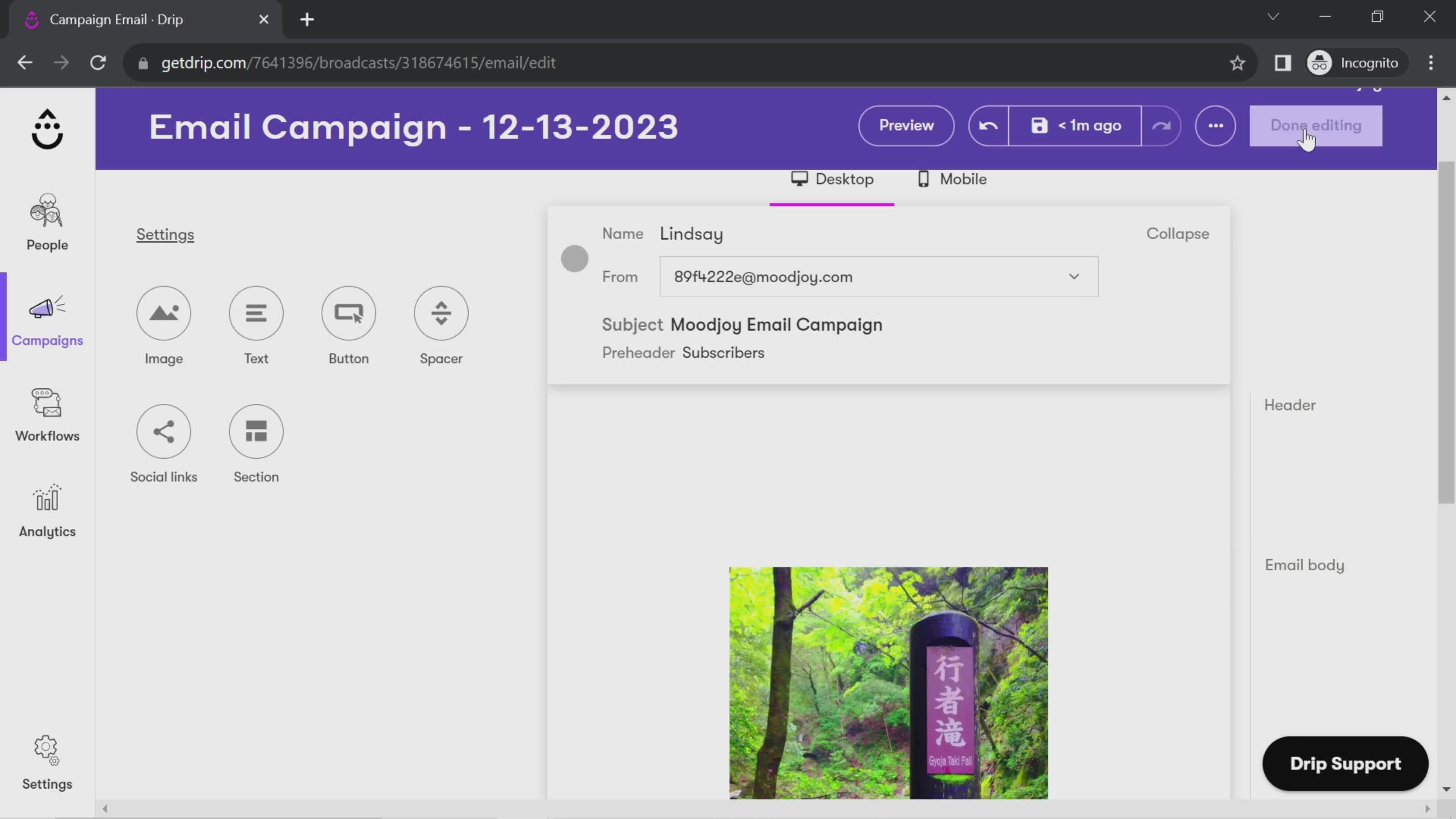 Creating an email campaign screenshot