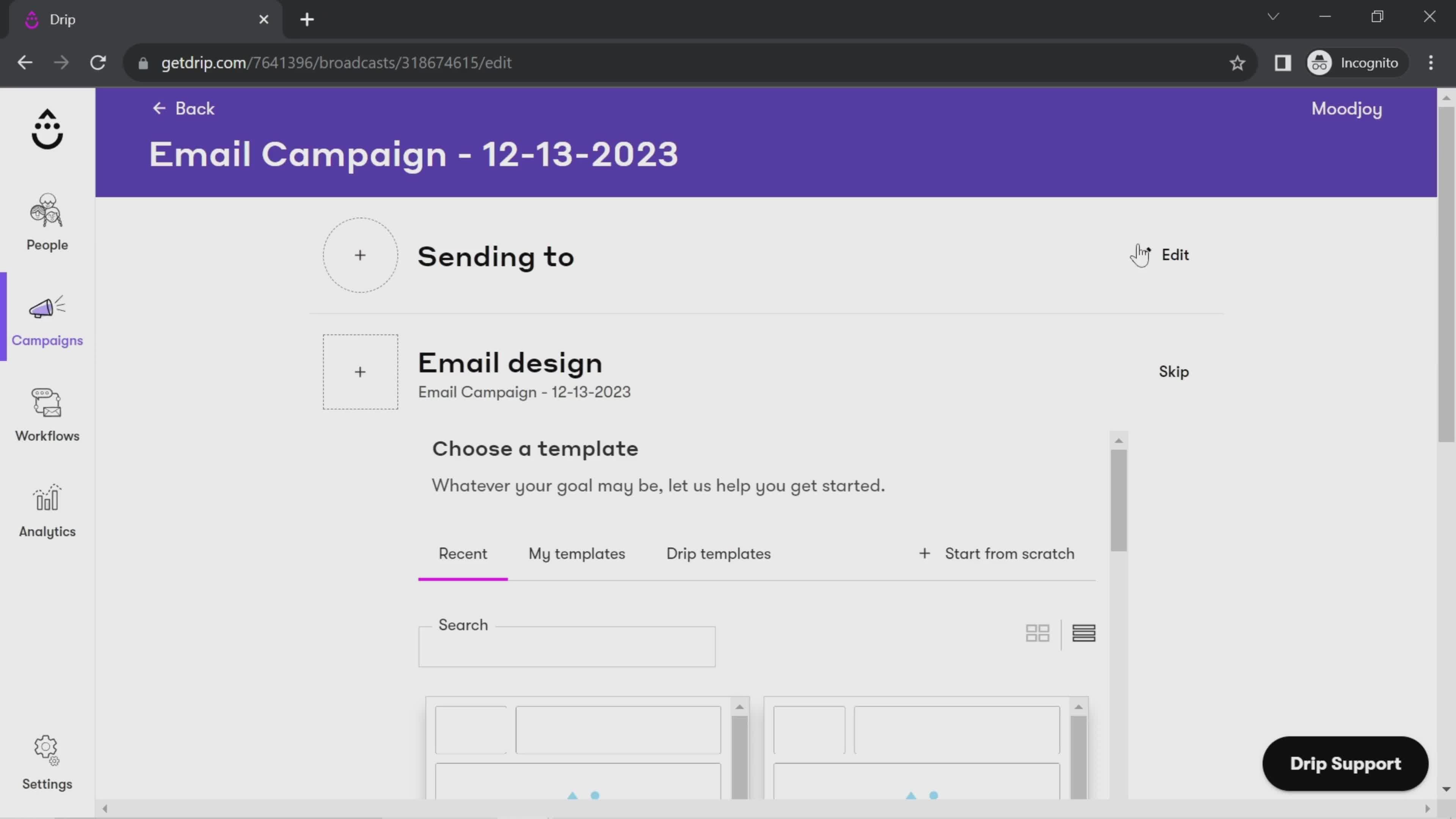 Creating an email campaign screenshot