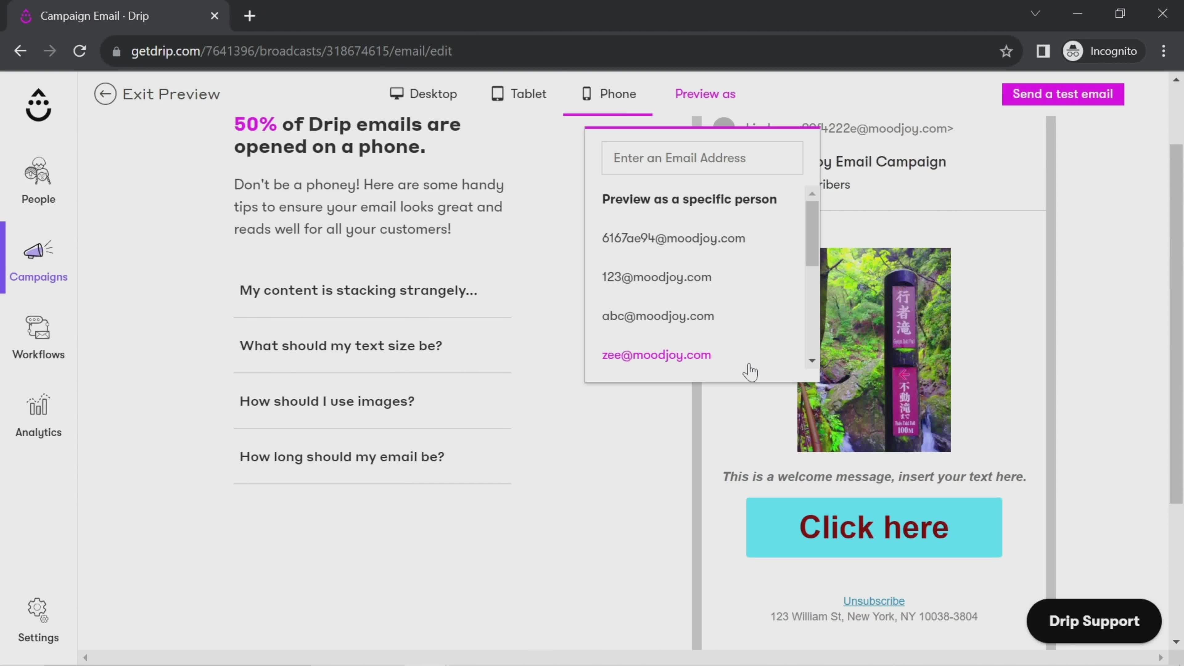 Creating an email campaign screenshot