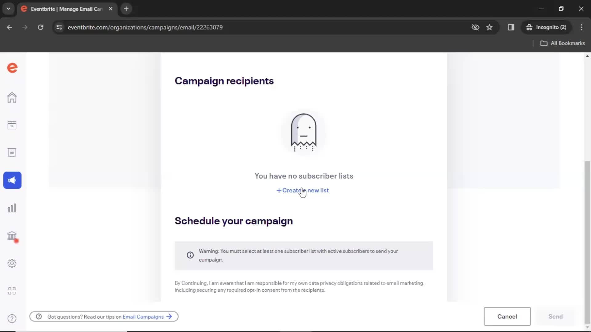 Creating an email campaign screenshot