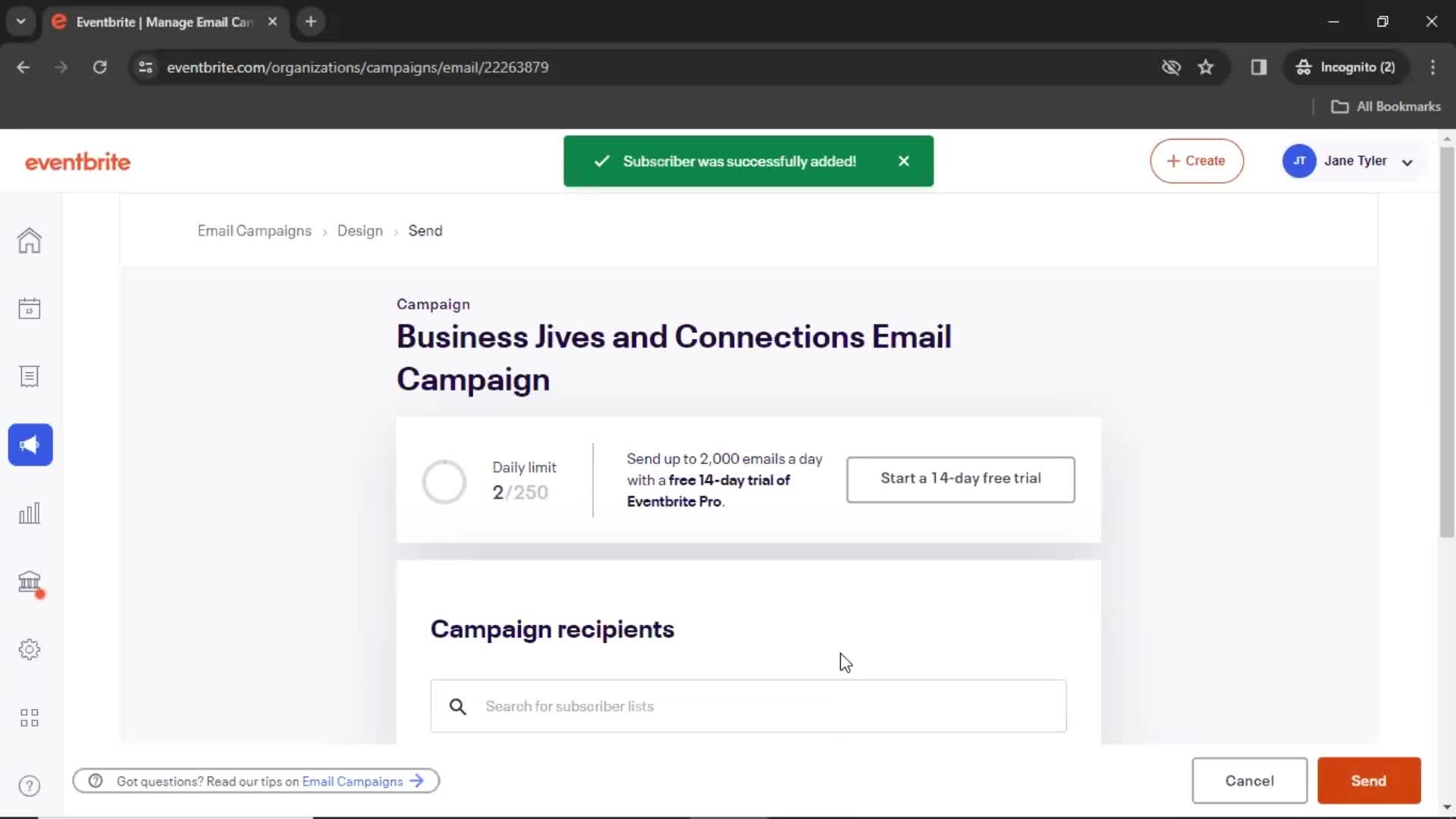 Creating an email campaign screenshot