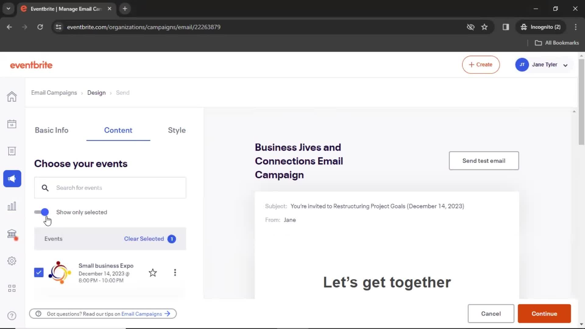 Creating an email campaign screenshot