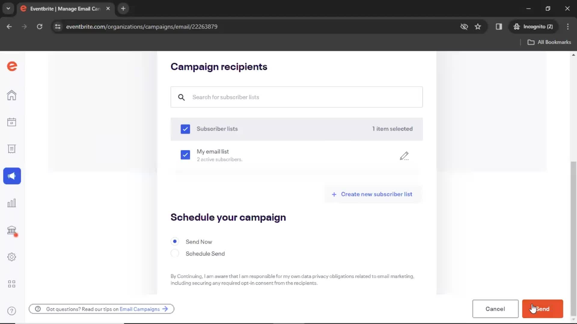 Creating an email campaign screenshot