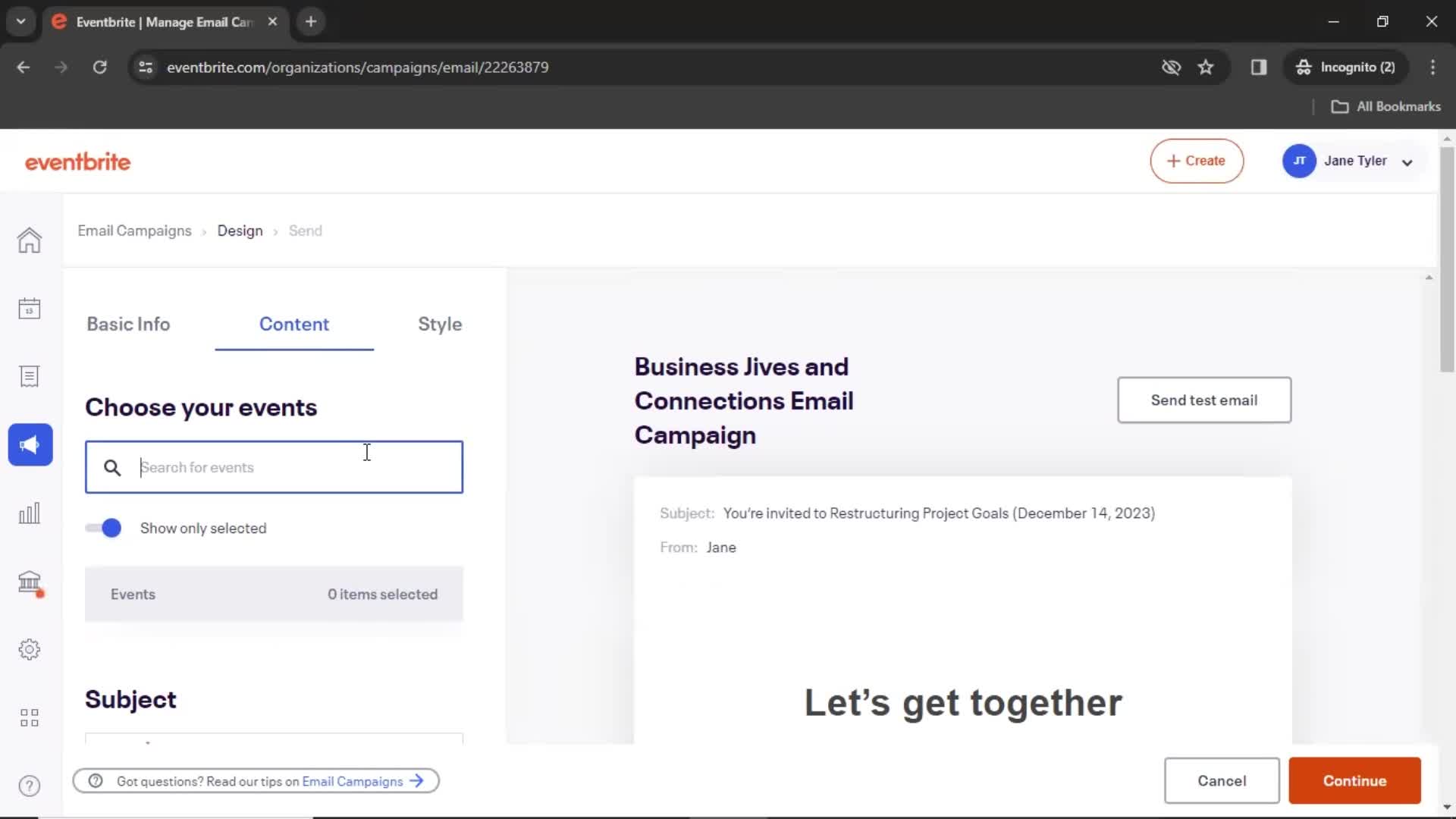 Creating an email campaign screenshot